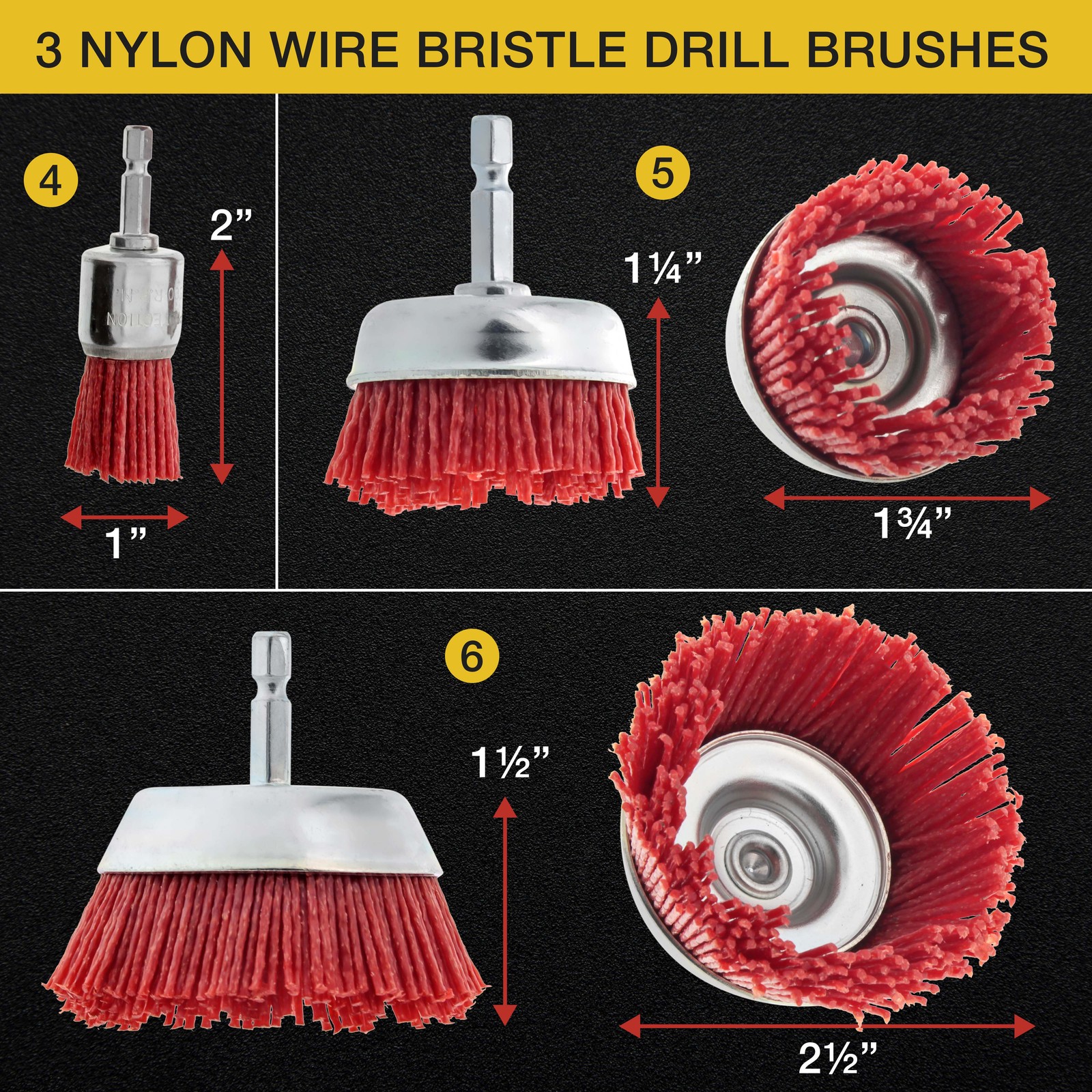 6 pc Abrasive Filament Nylon Bristle Drill Wheel and Cup Brush Set, 1/4″ Drill