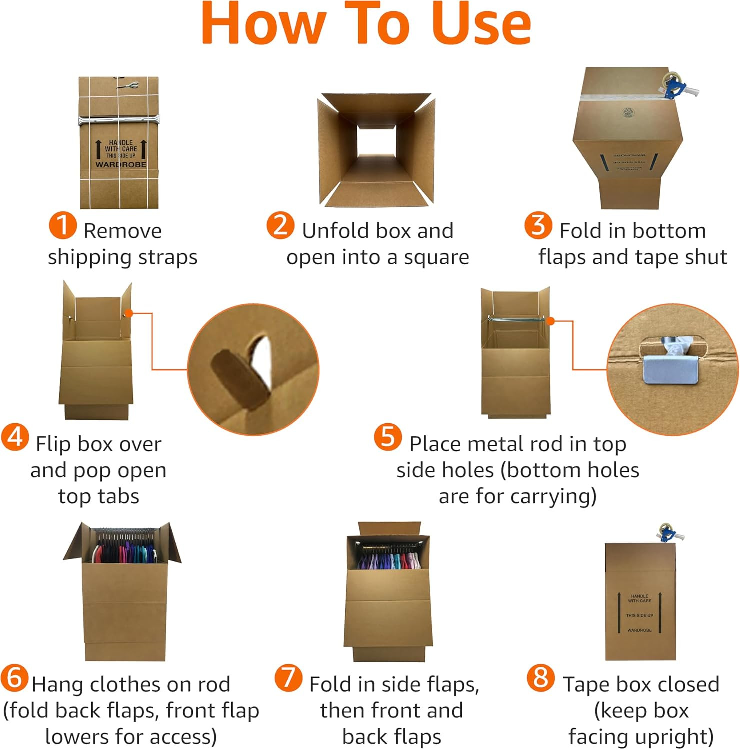 Sturdy Wardrobe Moving Boxes with Hanger Bar for Packing Clothes, Easy to Assemb