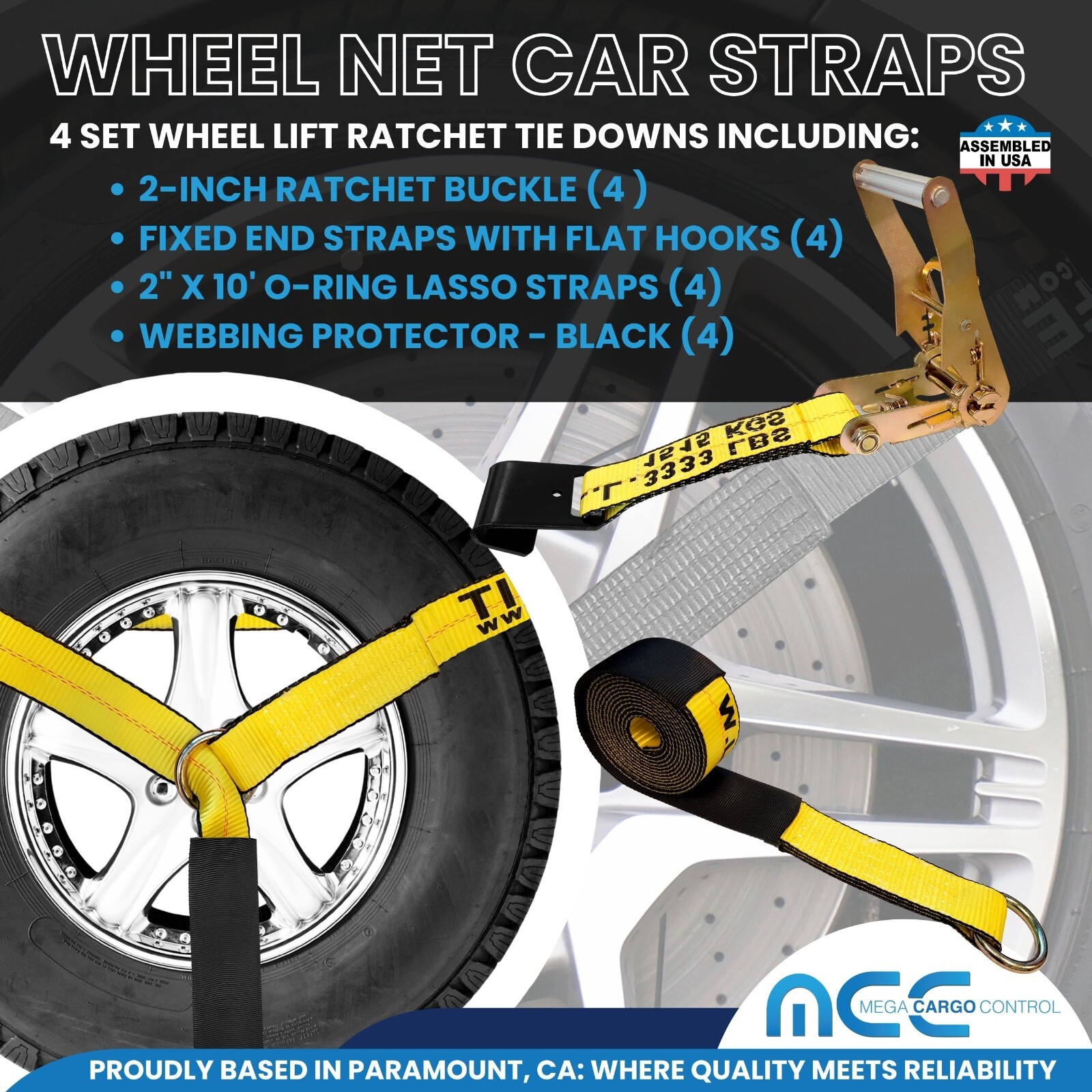 USA 4 Pack 2″ x10′ Side Mount Wheel Net Tie Down Ratchet w/Flat Hook Lasso Strap