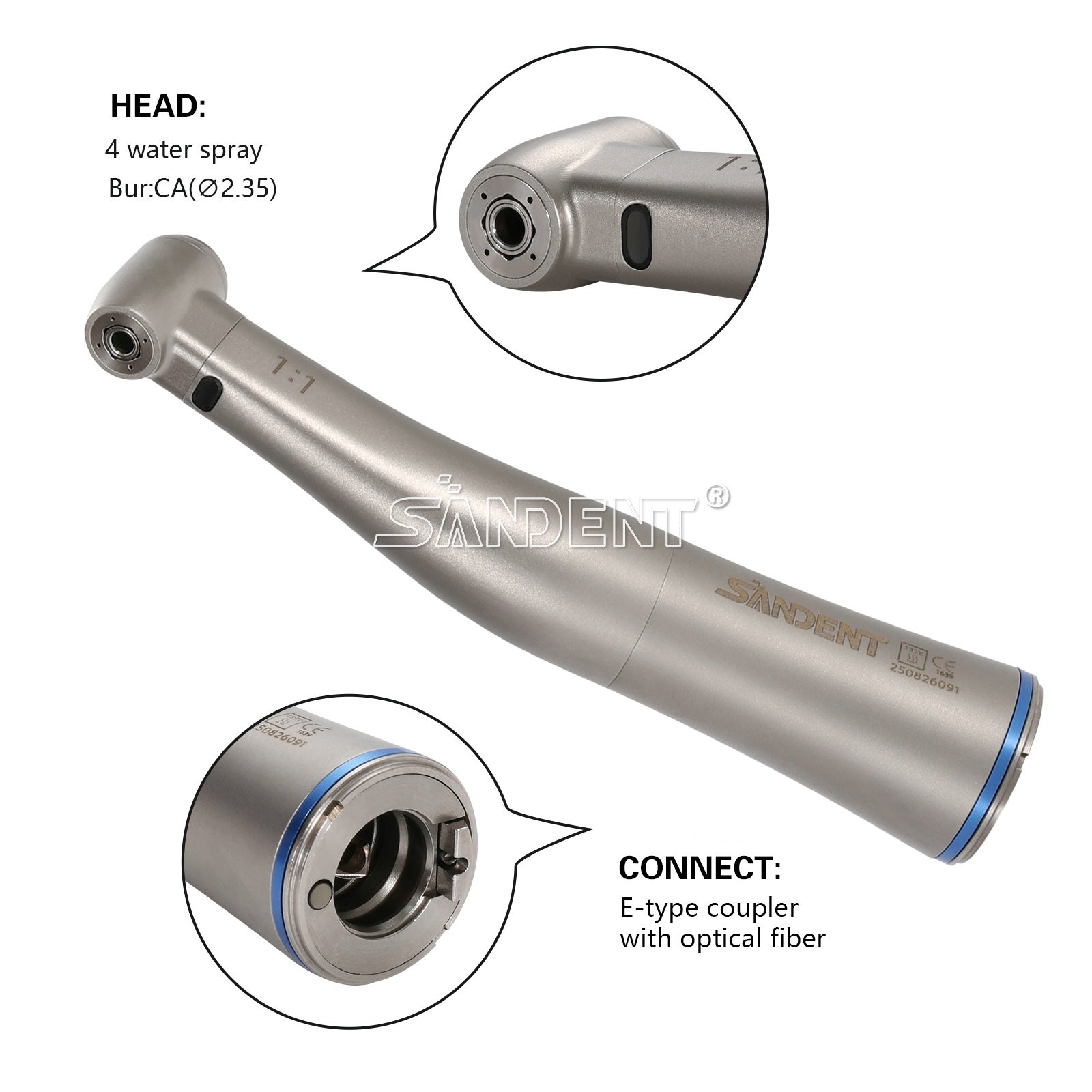 Dental 1:1 Fiber Optic LED Contra Angle Handpiece 4 Spray Push Button fit NSK po