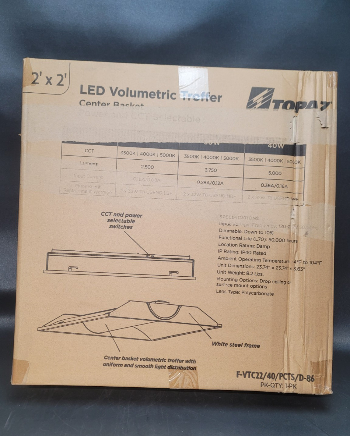 2’x2′ Topaz Lighting Volumetric Troffer Center Basket Dimmable LED 3500K – 5000K