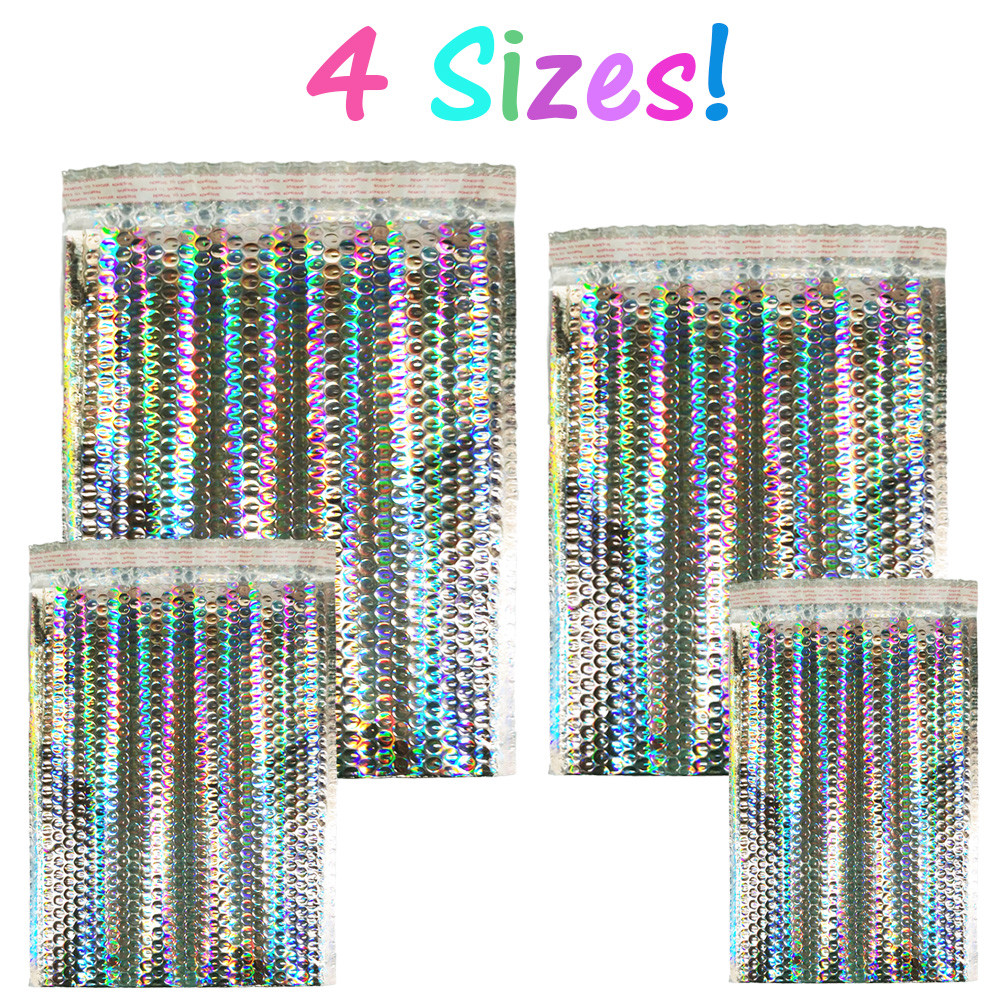 5-100 Pack Holographic Bubble Mailers, 4 sizes Metallic Glamour Padded Envelopes