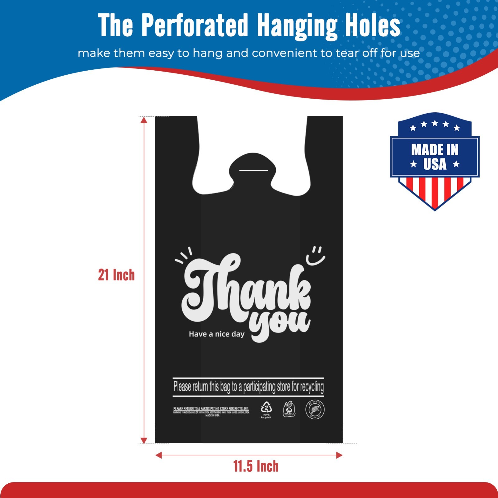 1000-2000 Thank You T-Shirt Bags 12″ x 6.5″ x 21″, Plastic Grocery Shopping Bags