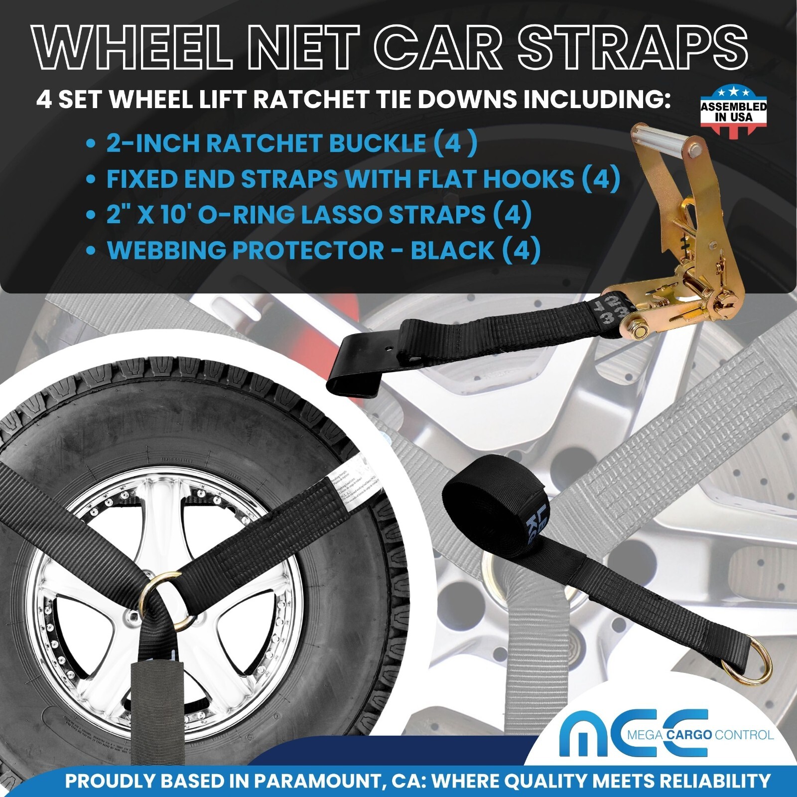 USA 4 Pack 2″ x10′ Side Mount Wheel Net Tie Down Ratchet w/Flat Hook Lasso Strap