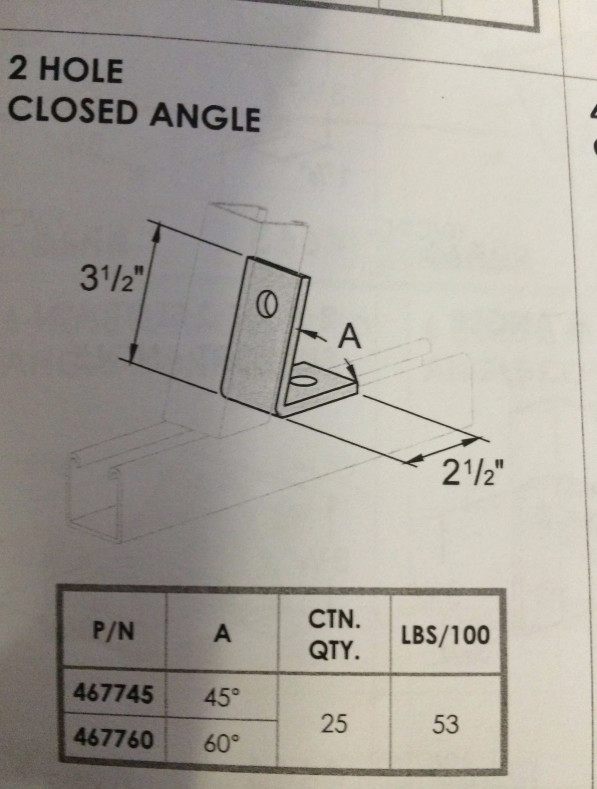 2-Hole 45° Closed Corner Angle for Unistrut B-Line Channel P1186 PT-402-45