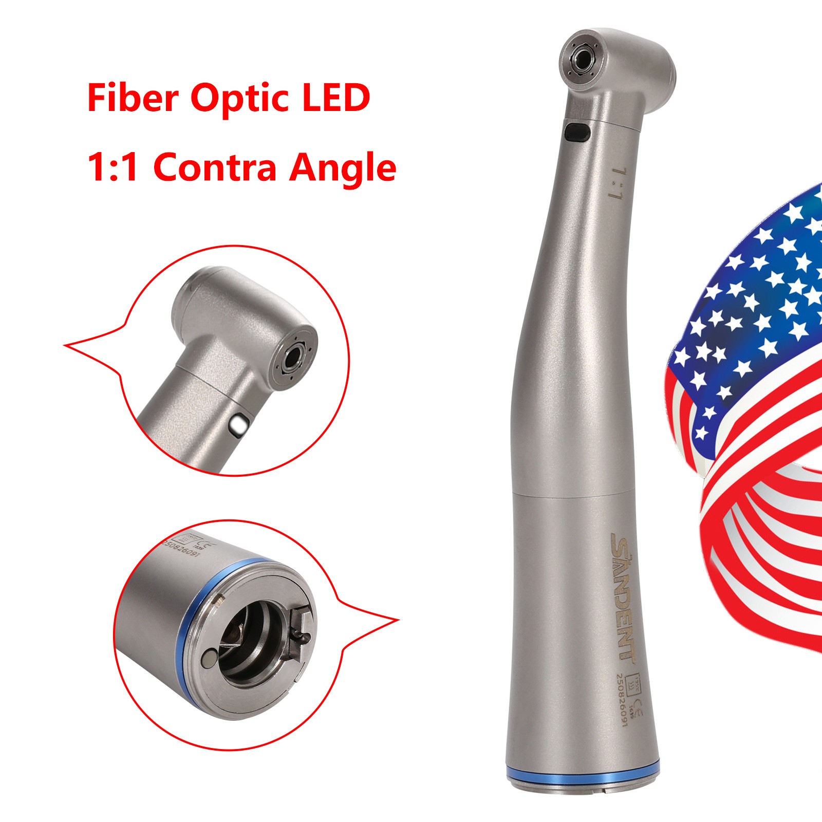 SANDENT Dental 1:1 Fiber Optic LED Contra Angle Handpiece Inner 4 Spray E-type