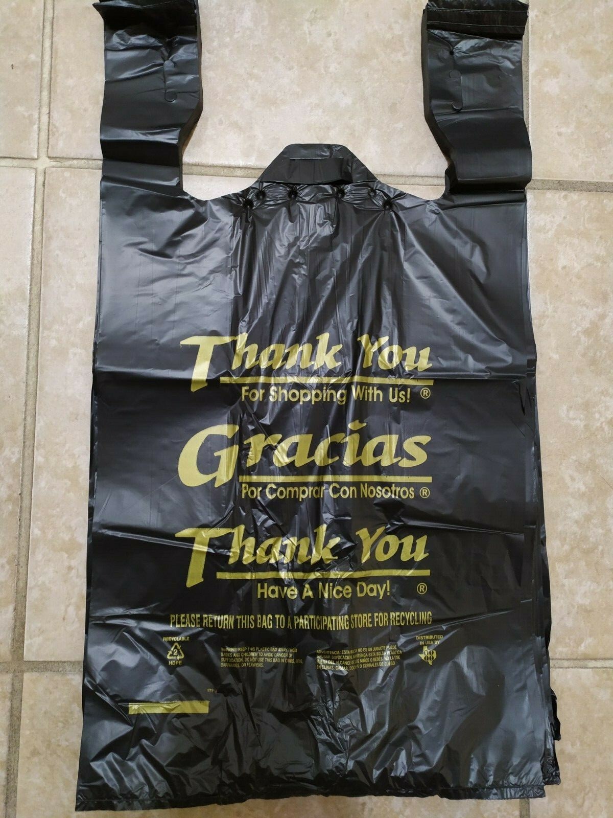 1/6 Large 21×6.5 x11.5 BLACK Thank You T-Shirt Plastic Grocery Shopping Bags 100