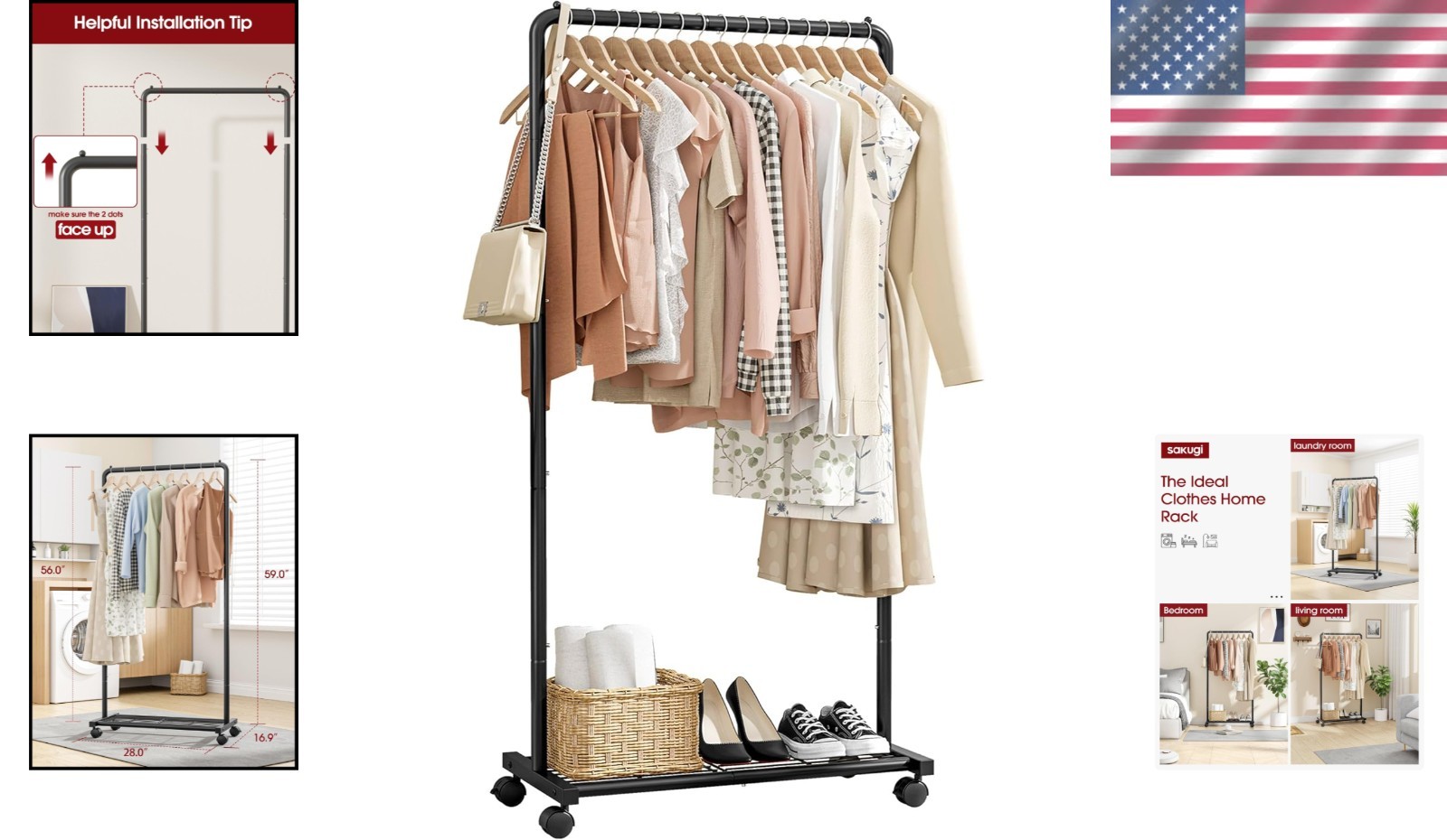 Clothing Clothes Rack on Wheels Heavy Duty Portable Wardrobe Storage