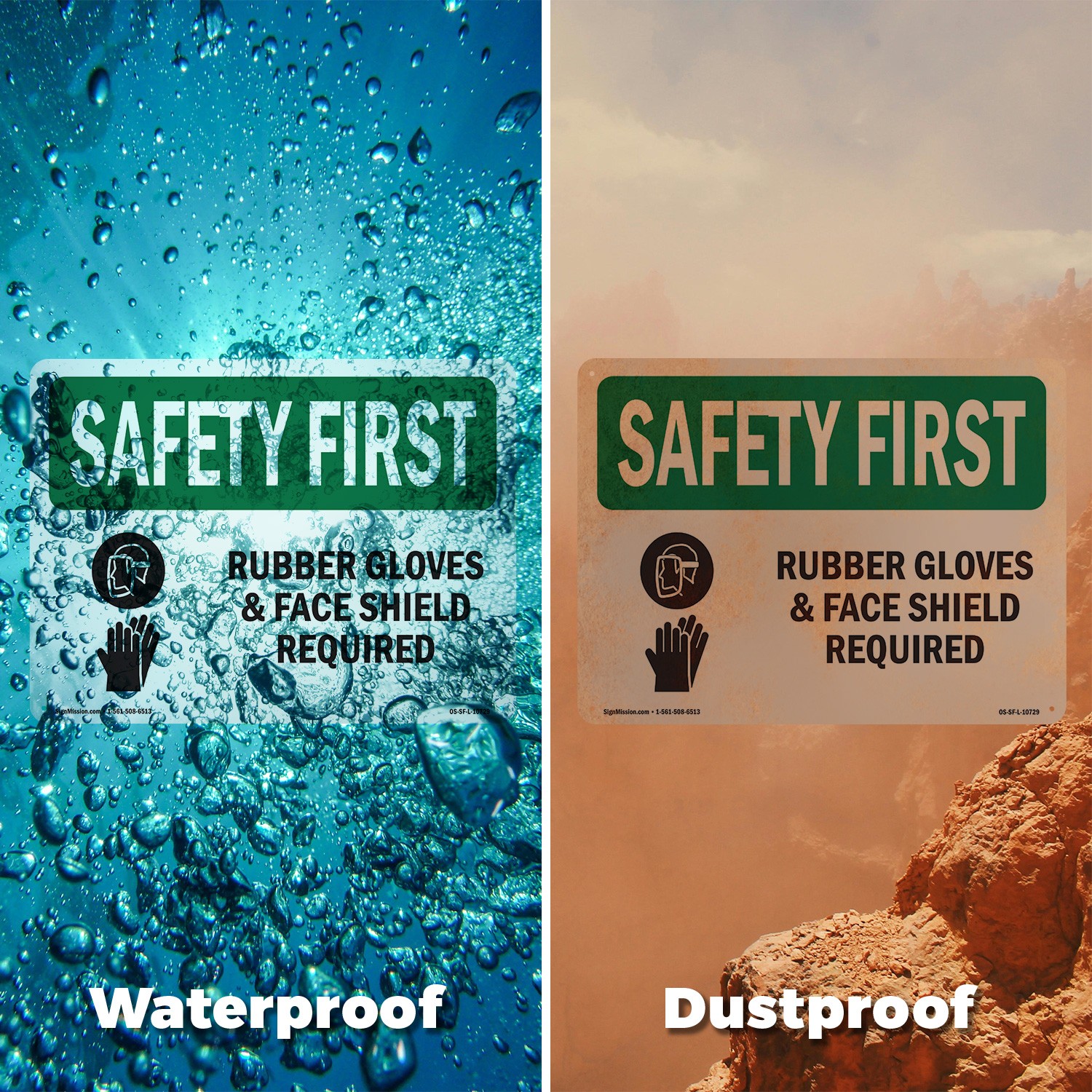Rubber Gloves & Face Shield Required With Symbol OSHA SAFETY FIRST 5/10 Pack