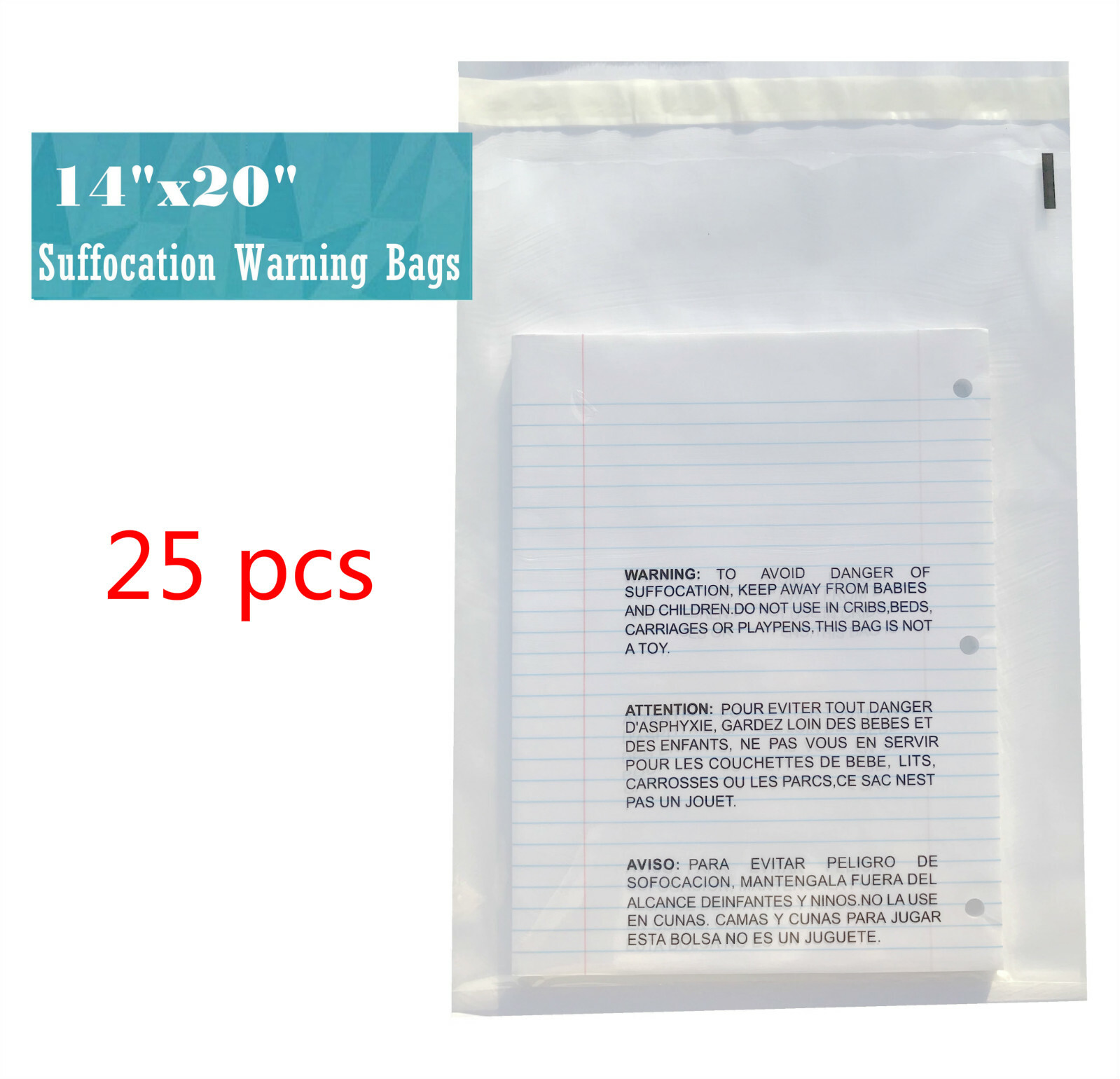 14×20 Clear Suffocation Warning Poly Self Seal Bags -ST ShipMailers