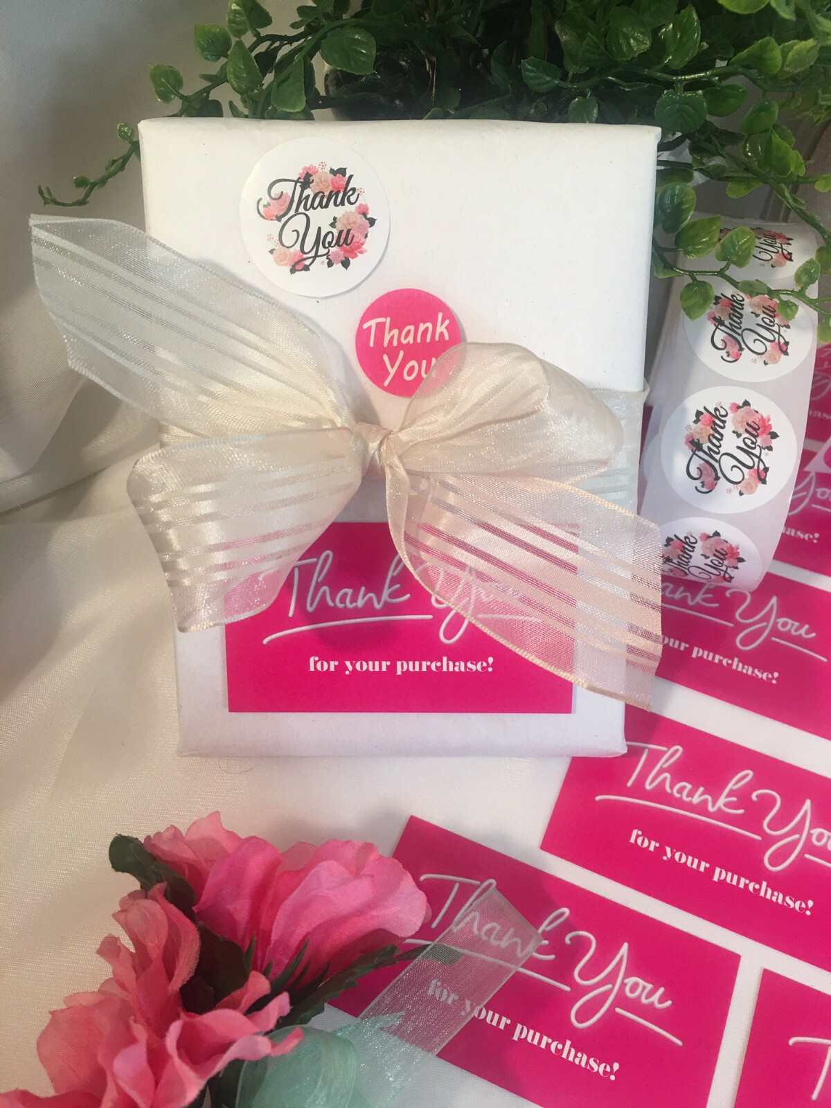 150 pcs Thank You Business Cards, Thank You Stickers, Hot Pink, Floral