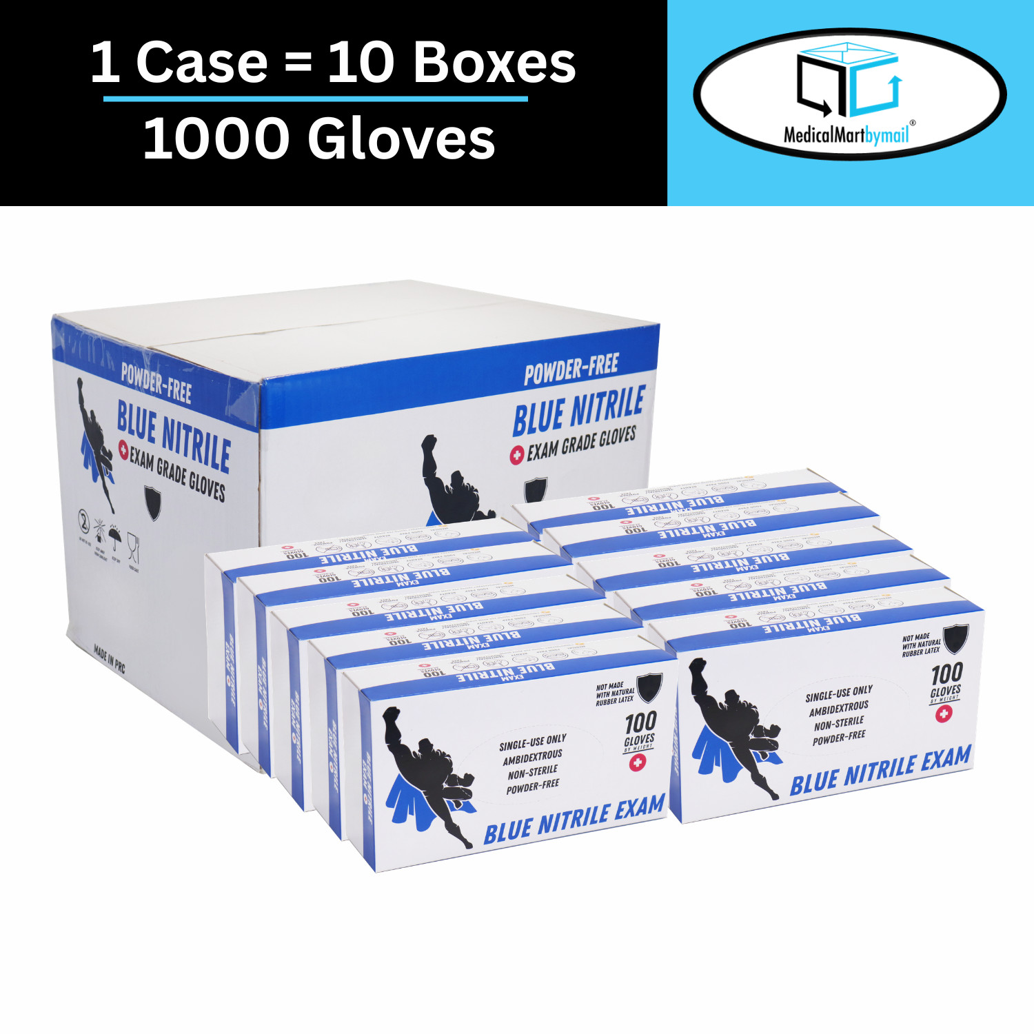 Blue Nitrile Powder Free Non-Sterile Gloves 4 Mil Size: Large 1000 Pcs