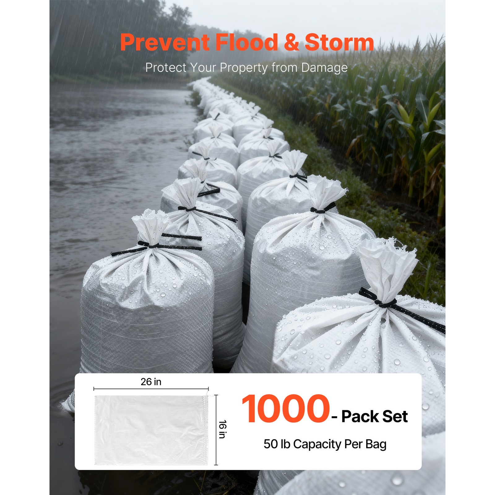 Uimoso Sandbags 50 100 200 300 500 1000 Pack 16″ x 26″ Durable Bag Capacity 50lb