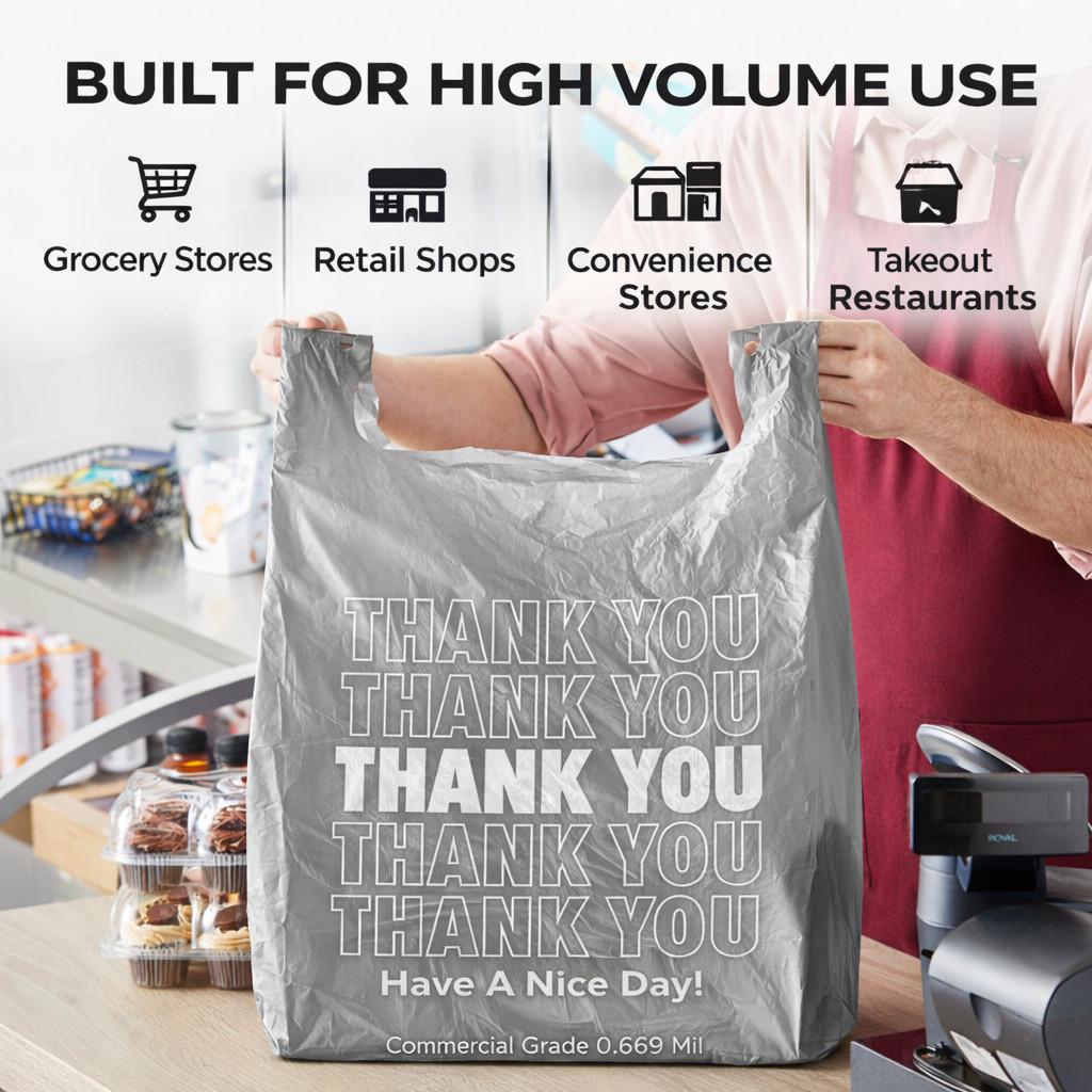 Bags Extra Large 18 x 8x 32 Gray Thank You T-Shirt Plastic Grocery Shopping Bags