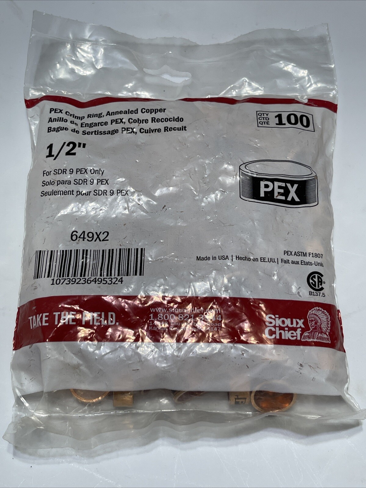 Bag of 100 Sioux Chief PEX Crimp Ring 1/2” Annealed Copper 649×2 USA SDR 9 PEX