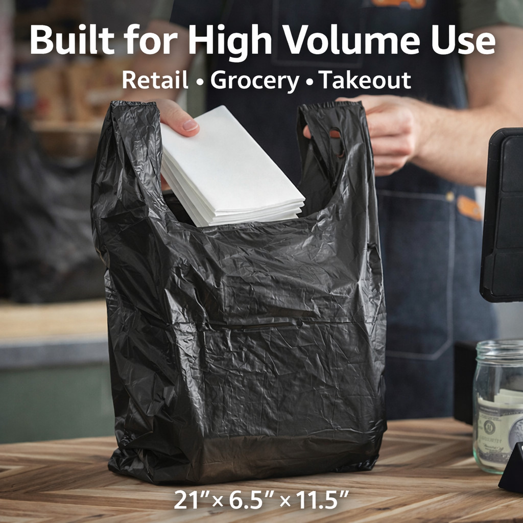 Bags 1/6 Large 21 x 6.5 x 11.5 BLACK T-Shirt Plastic Grocery Shopping Bags F&S