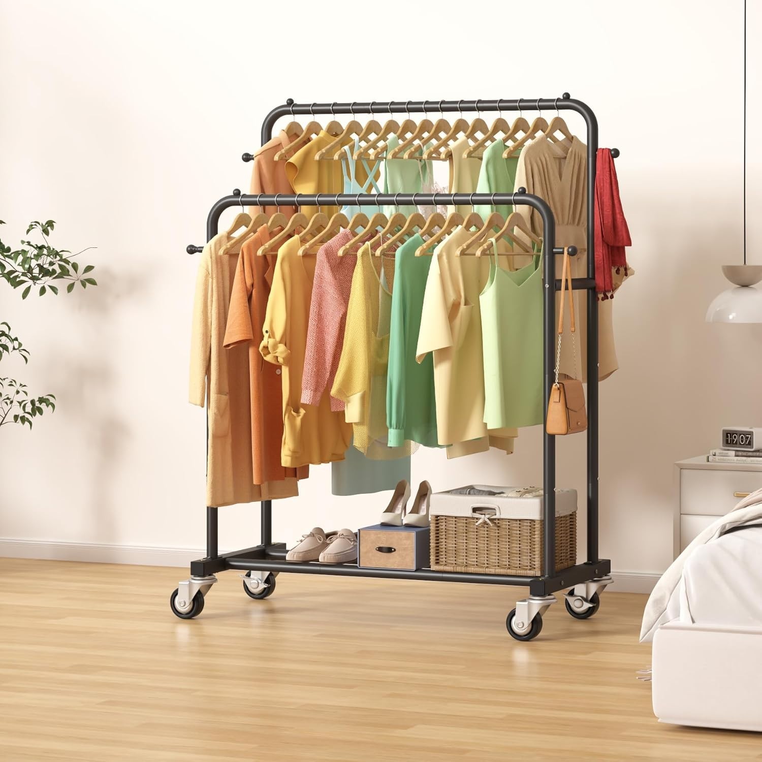 Black Double Rods Garment Rack with Wheels – 150lbs Capacity