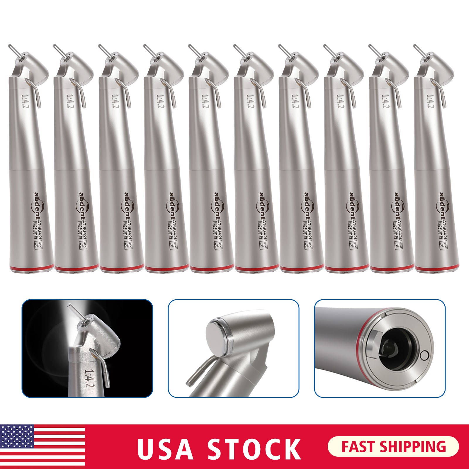10 PCS Dental 1:4.2 LED 45°Angle Head Contra Angle Handpiece External Water
