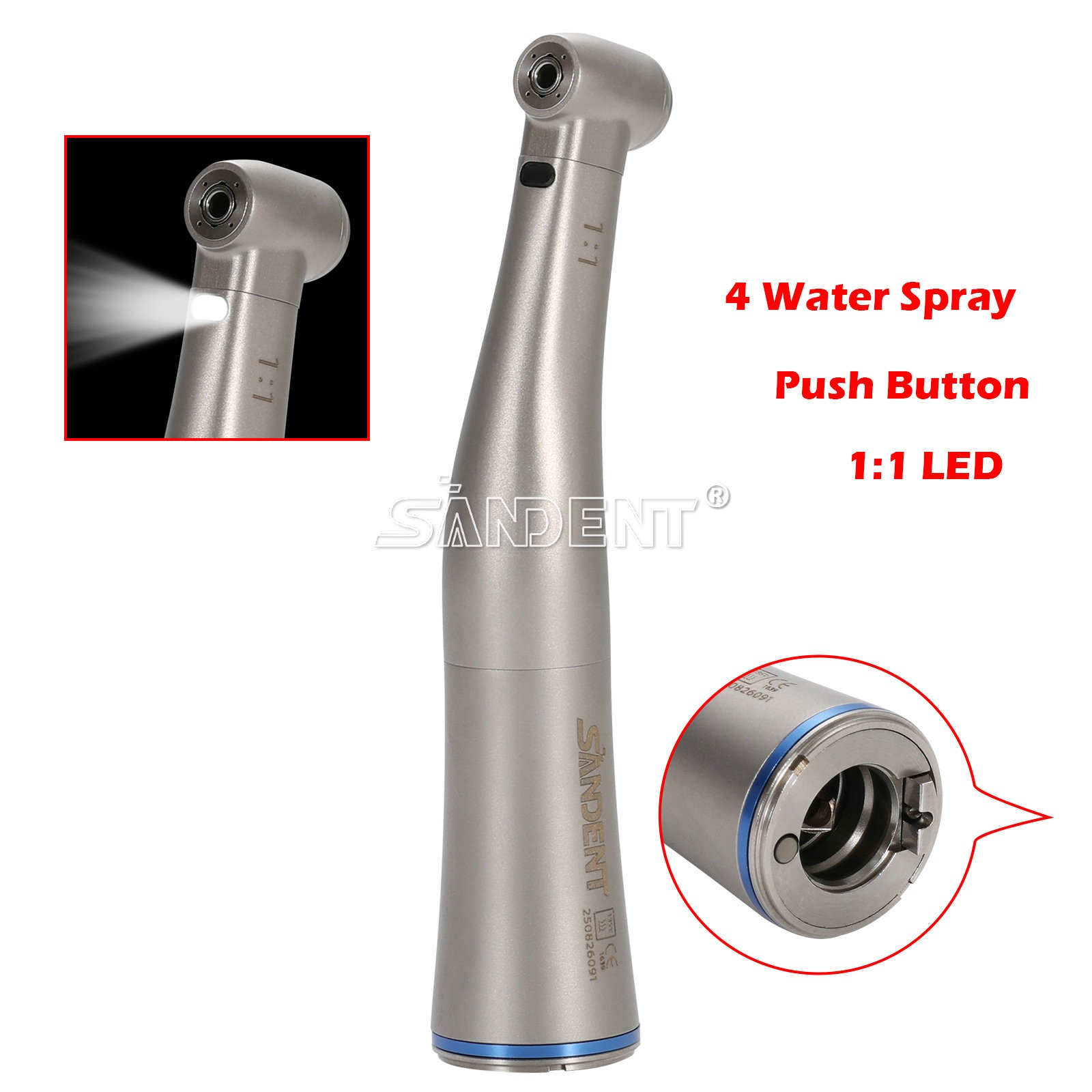 Dental 1:1 Fiber Optic LED Contra Angle Handpiece 4 Spray Push Button fit NSK po
