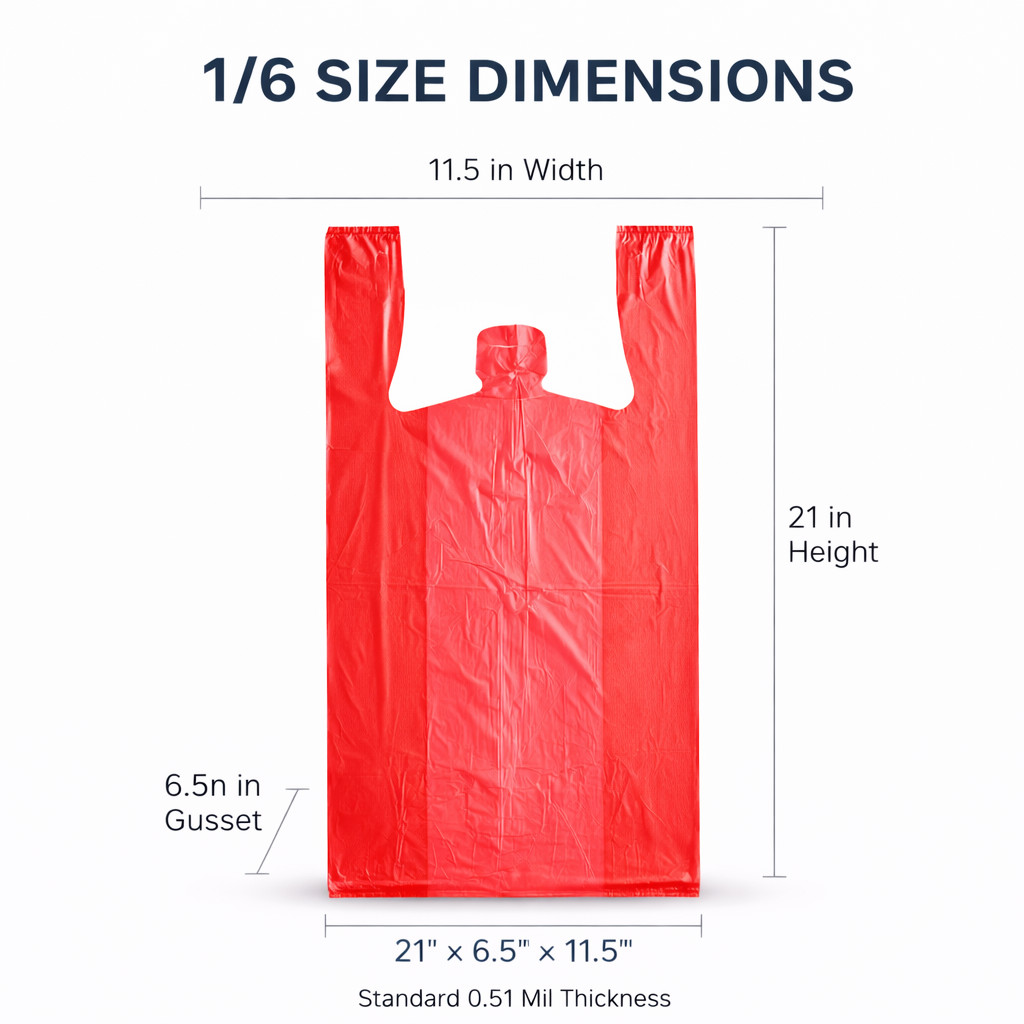 1/6 Large Red T-Shirt Bags 0.51 Mil 21×11.5×6.5 Plastic Grocery Retail Bulk
