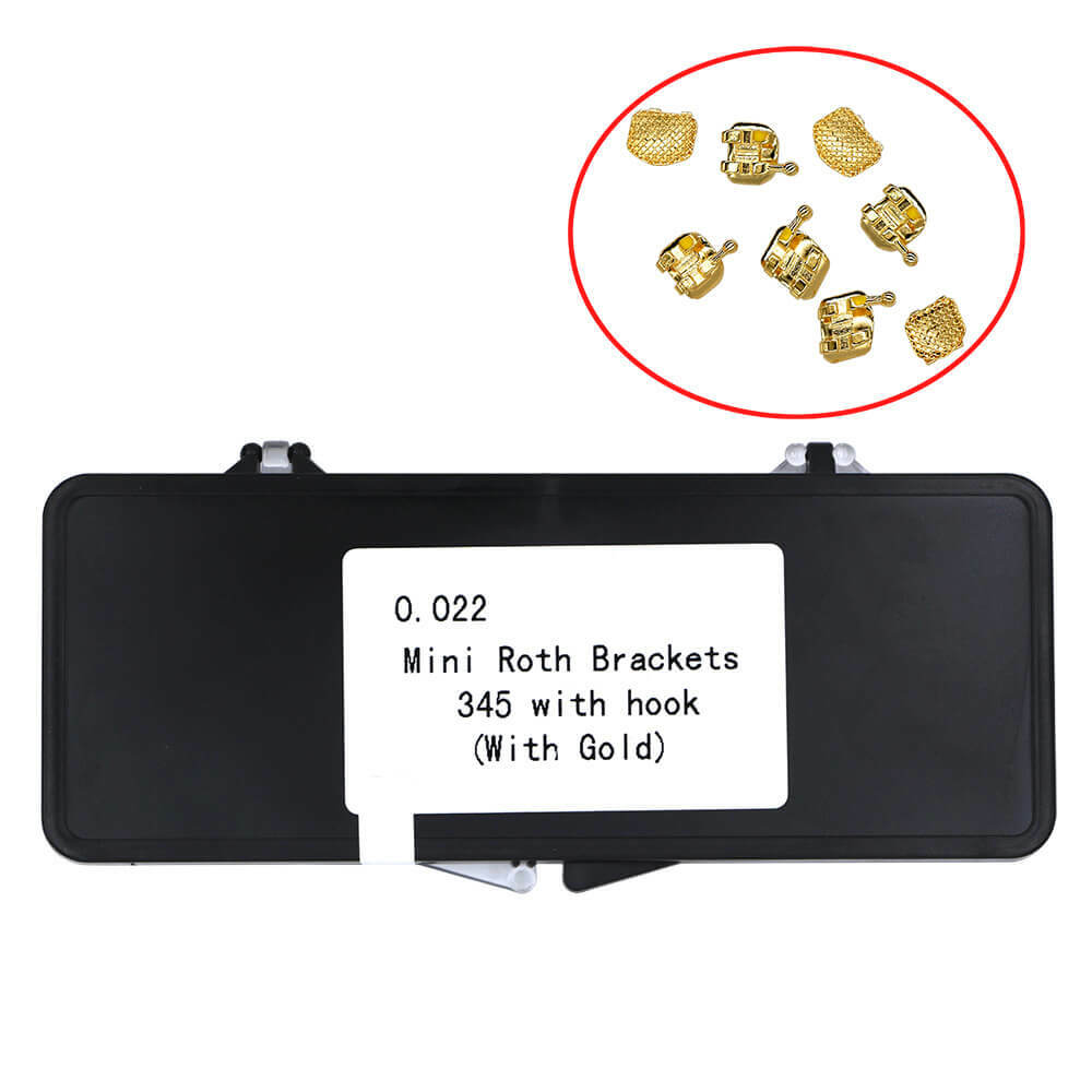 18K Gold Coated Orthodontic Metal Brackets, Mini Roth .022 3-4-5 with Hook