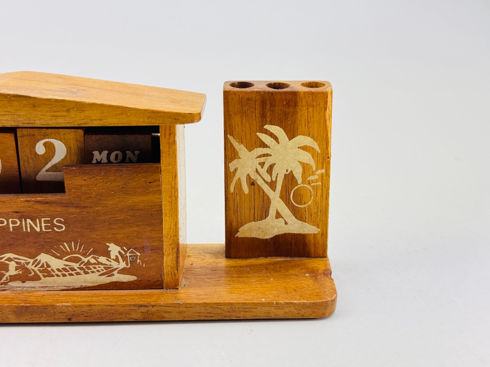 Vintage Philippines Date Day Month Wood Desk Desktop Calendar Pencil Pen Holder