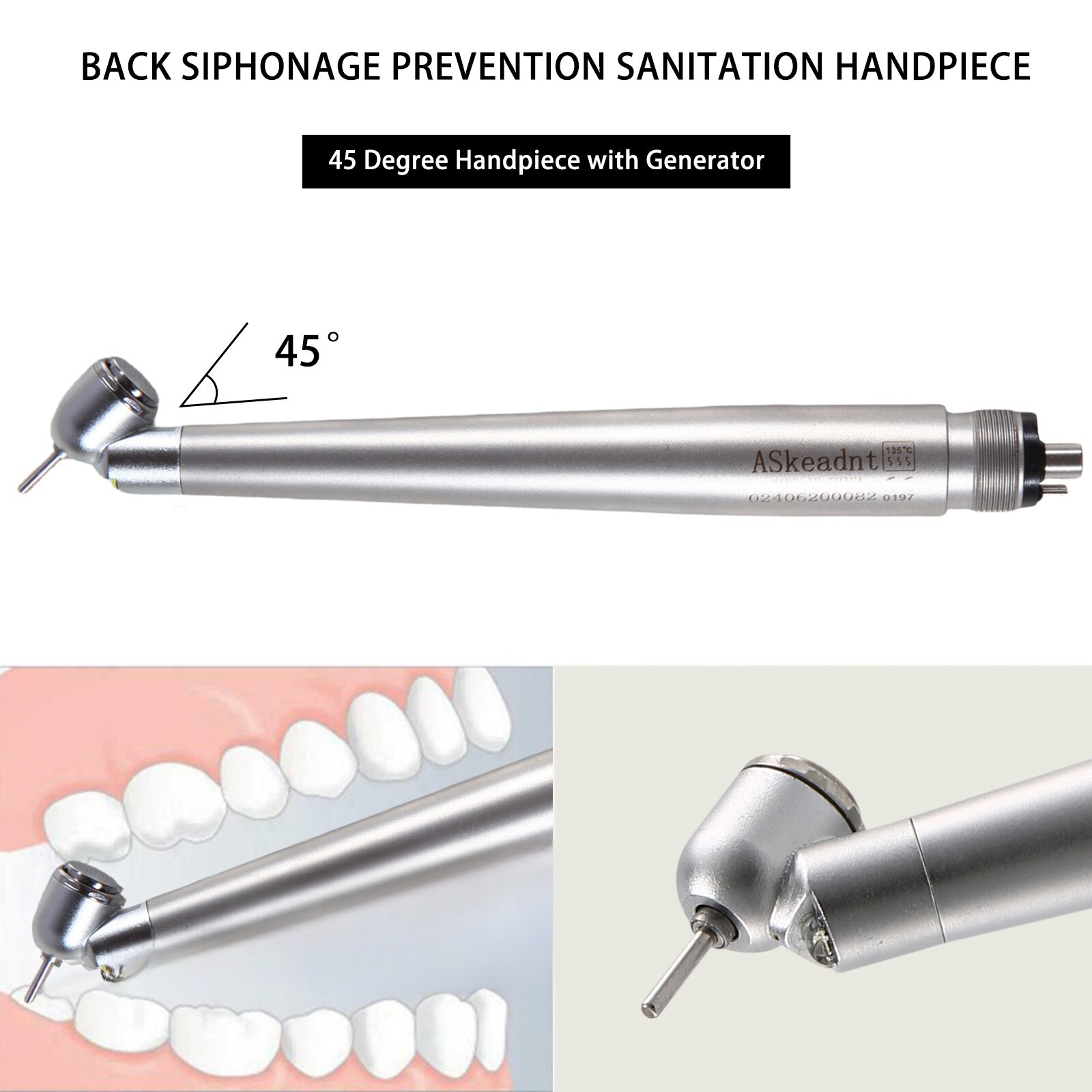 Dental 45° LED Optic High Speed Handpiece E-generator 4 Hole for NSK ASkeadnt