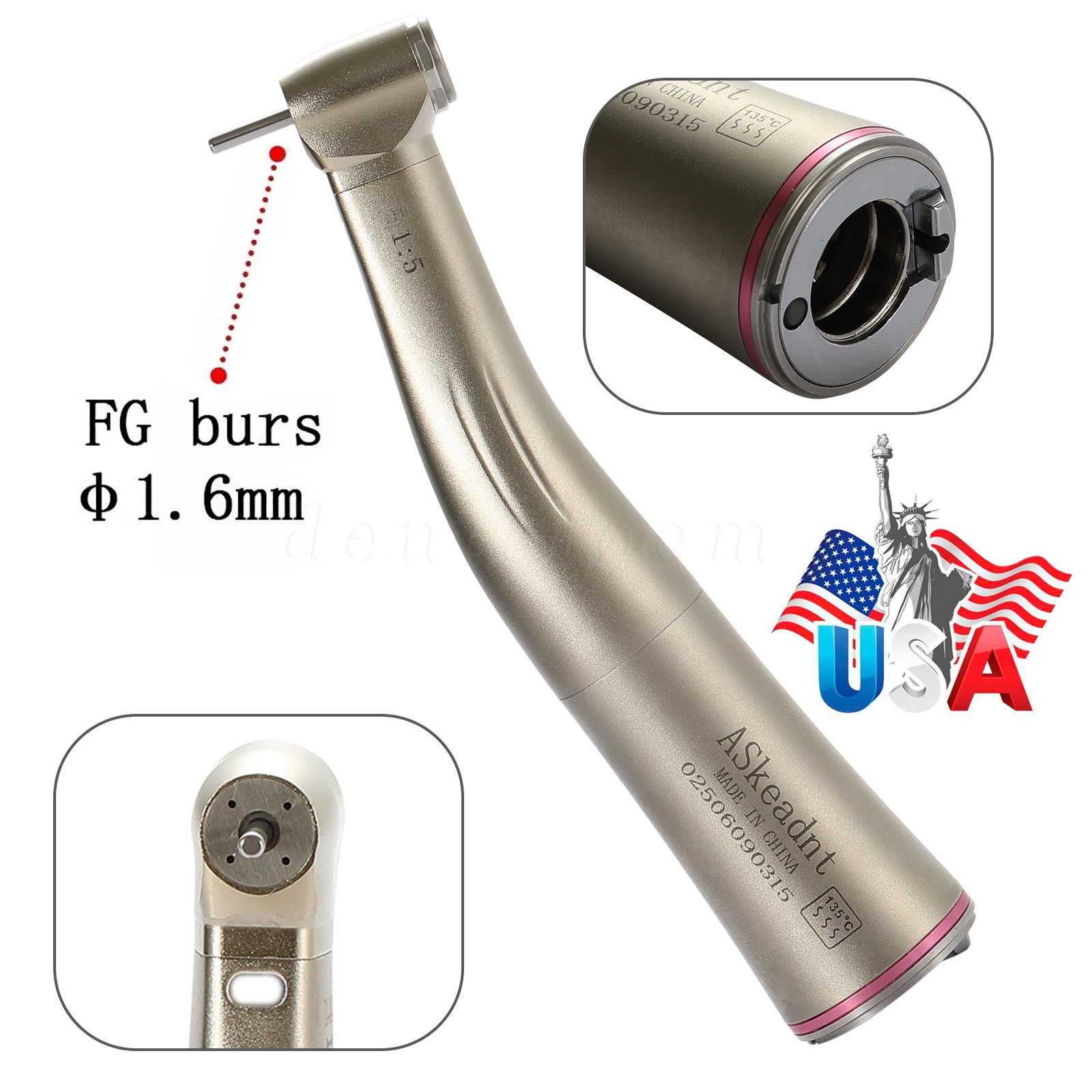 Dental 1:5 LED Fiber Optic Contra Angle Handpiece 4 Sprays Fit NSK Ti-MAX X95L