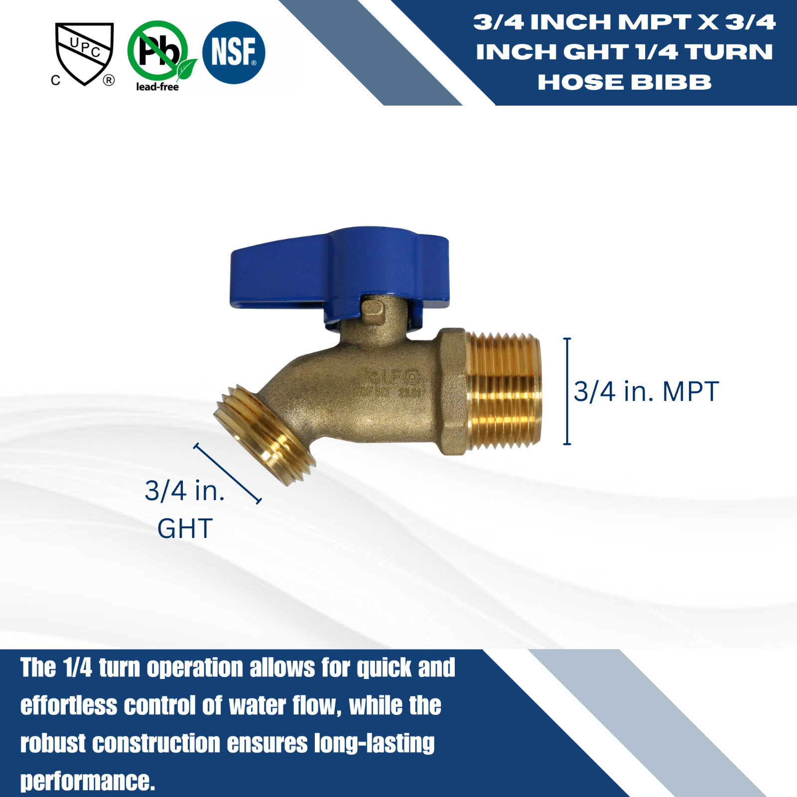 10 – 3/4 MALE NPT THREADED HOSE BIBB NOKINK, 1/4 TURN, 125 PSI, LEAD FREE BRASS