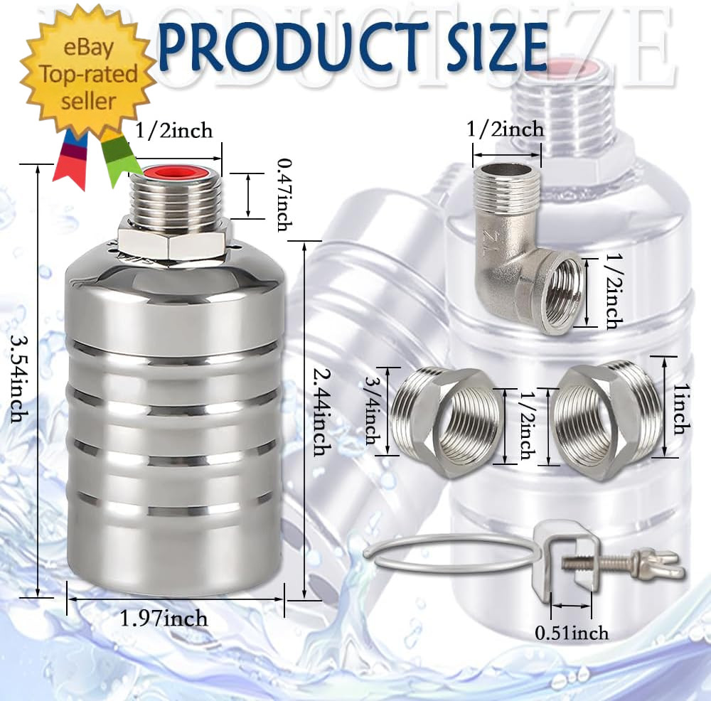 Float Valve,1/2″ to 3/4″ 1” Water Level Control Float Valve, 304 Stainless Stee