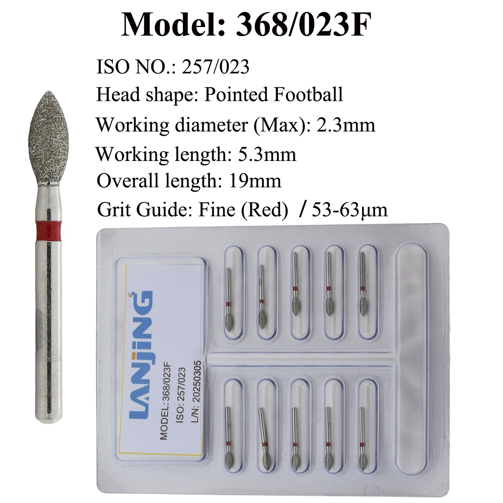 Dental Diamond Bur 368/023C 368/023F Pointed Football FG Burs Fine Coarse Burr