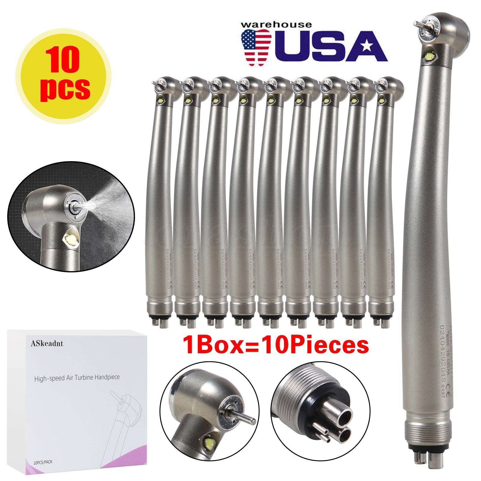 10 PCS Dental LED E-Generator Fiber Optic High Speed Handpiece 4 Hole NSK Style