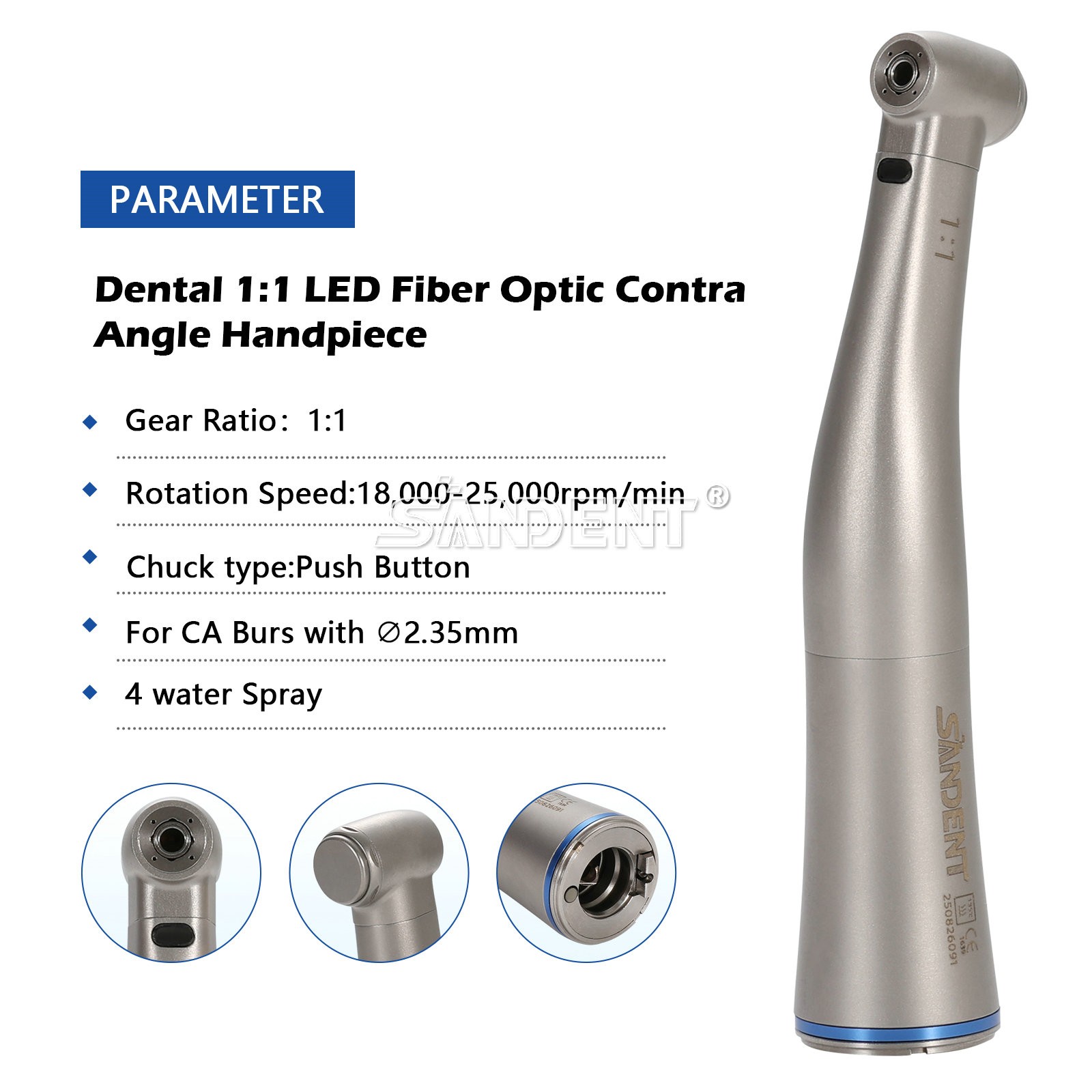 Dental 1:1 Fiber Optic LED Contra Angle Handpiece 4 Spray Push Button fit NSK po