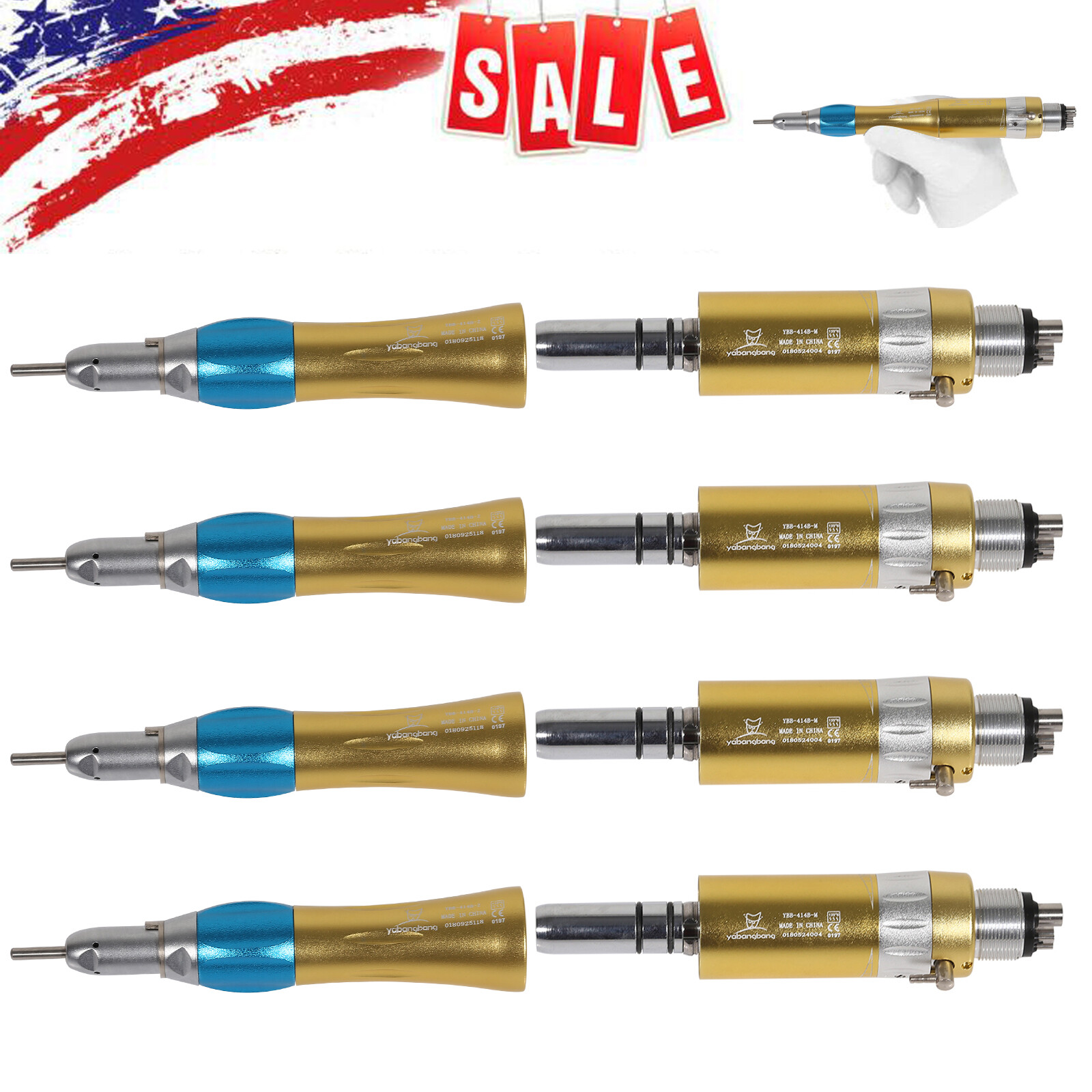 1-10 NSK Style Dental Straight Nosecone Handpiece / Air Motor 4-Holes Slow Gold
