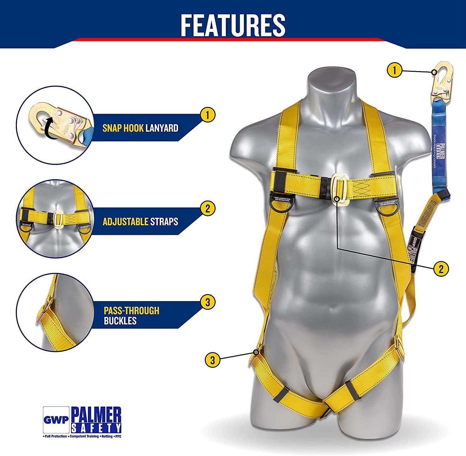 Palmer Safety Safety Harness w/Detachable 6 ft Lanyard I Single Leg Lanyard…