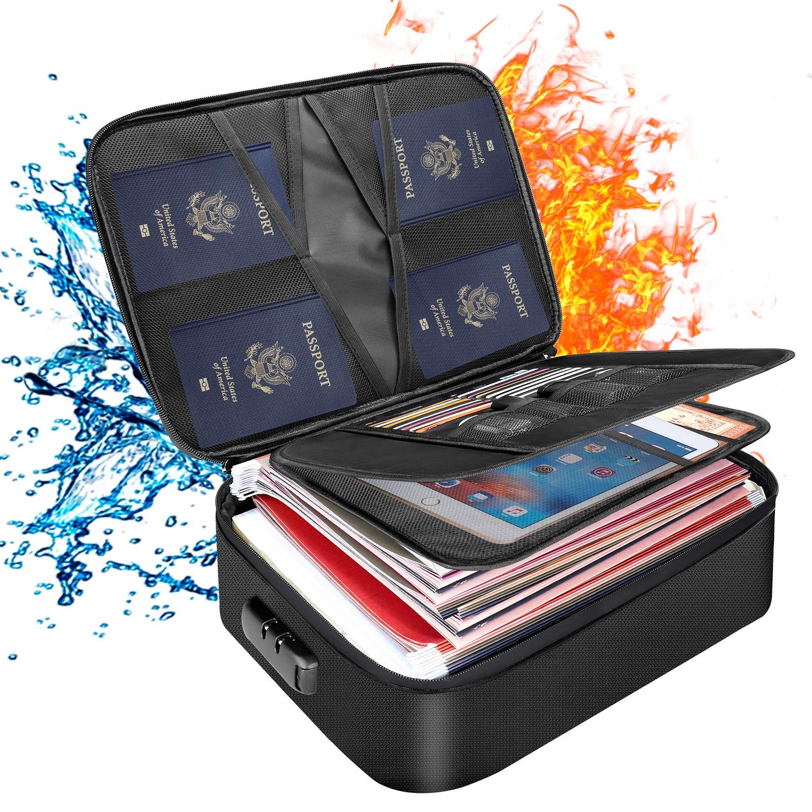 Black Fireproof Document Bag With Lock 3Layer Waterproof File Storage Case