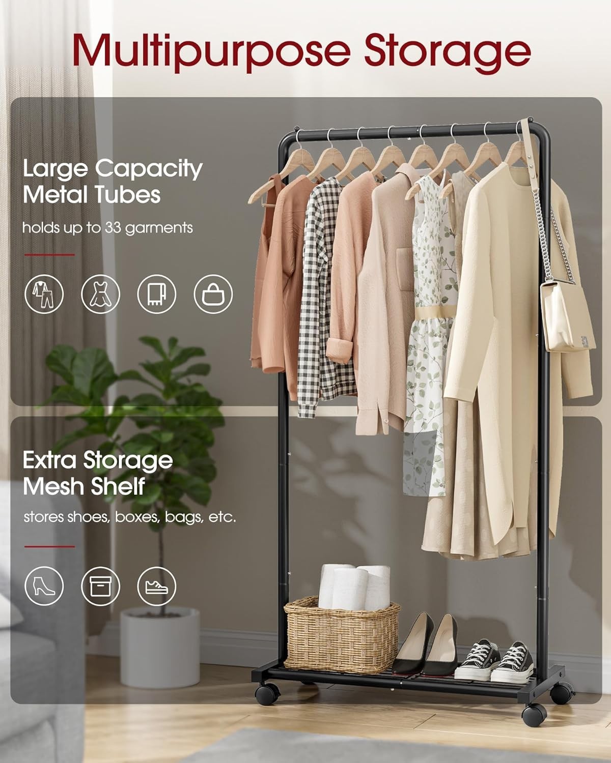 Clothing Clothes Rack on Wheels Heavy Duty Portable Wardrobe Storage