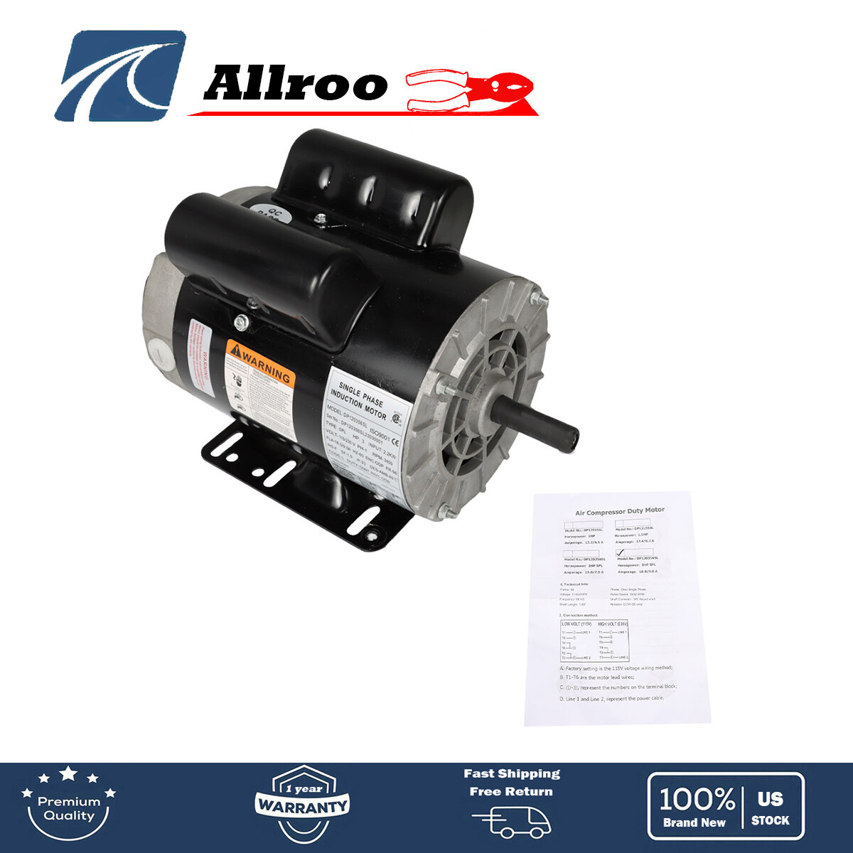 Electric Motor 3 HP 3450 RPM SPL Compressor Duty 56HZ Frame 1 Phase 115/230V New