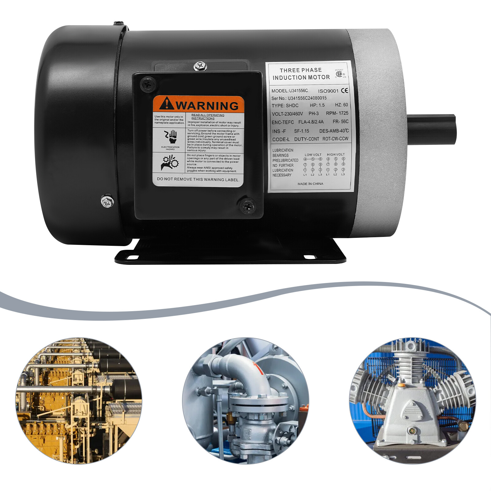 1800rpm 1.5HP Electric Motor Three Phase Induction Motor Reversible 230V 460V