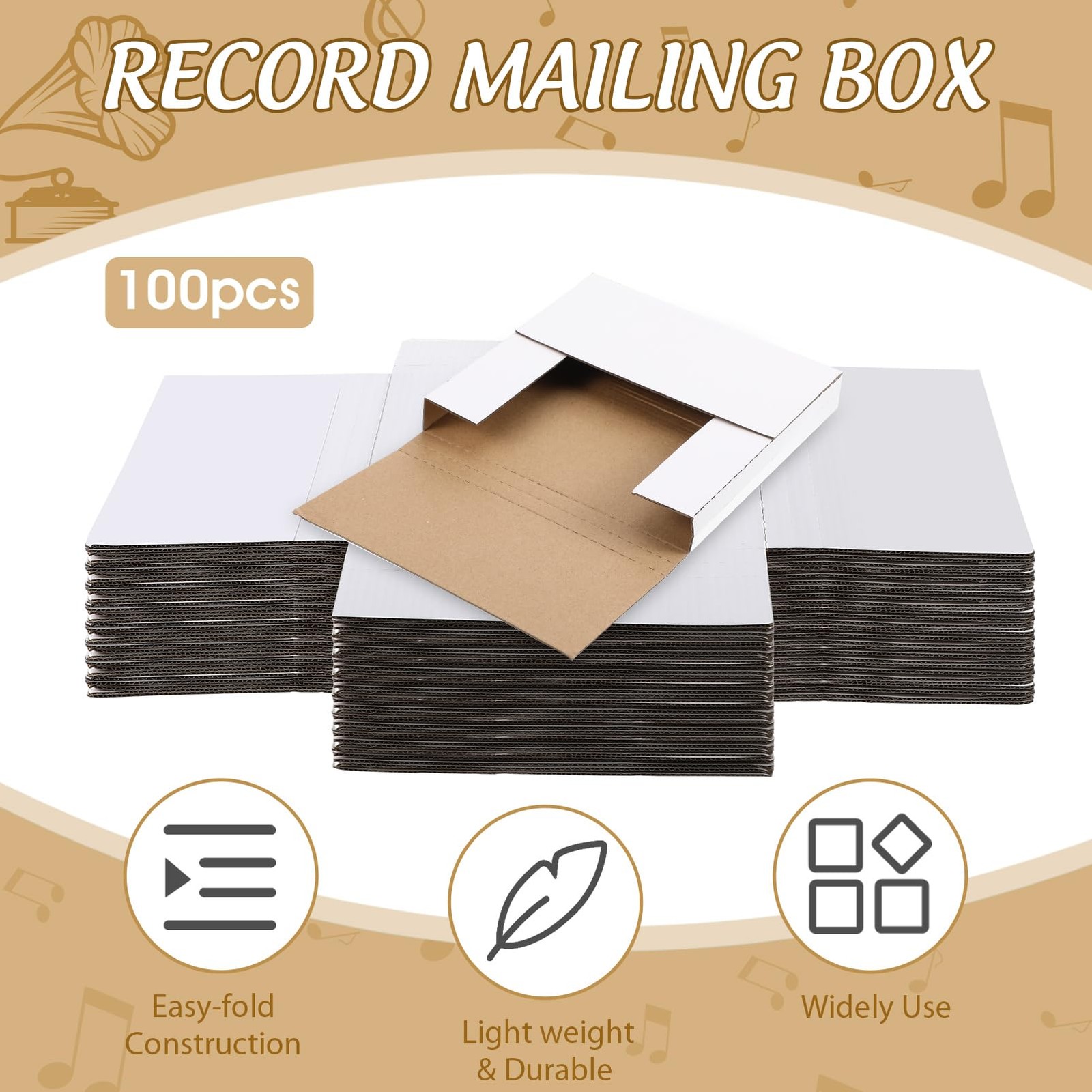 100 Pack 7 Inch Vinyl Record Mailers Boxes 45 RPM Easy Fold LP Cardboard
