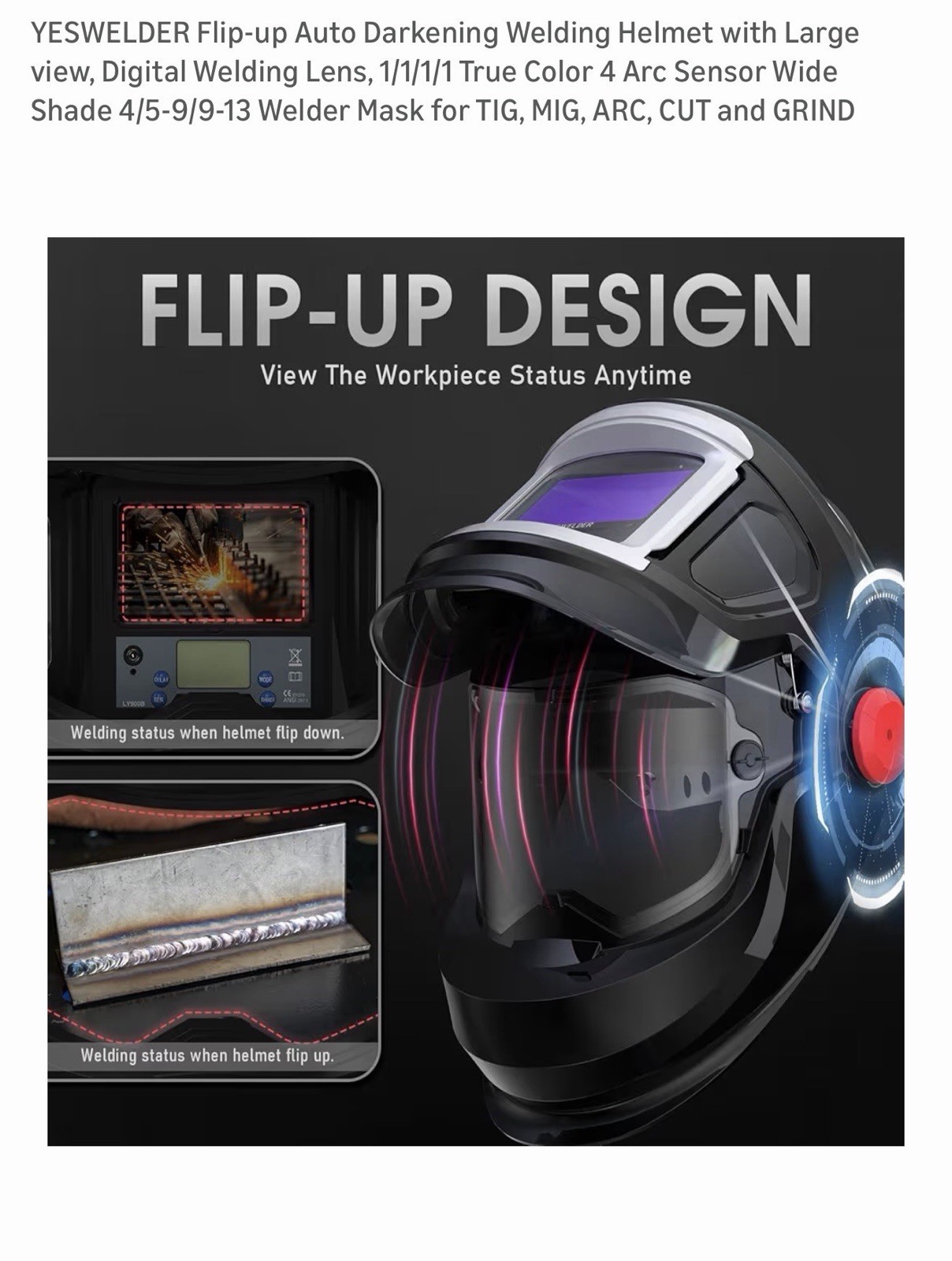 Yes Welder True Color Flip Up Design Auto Darken Welding Helmet/MaskDigital lens