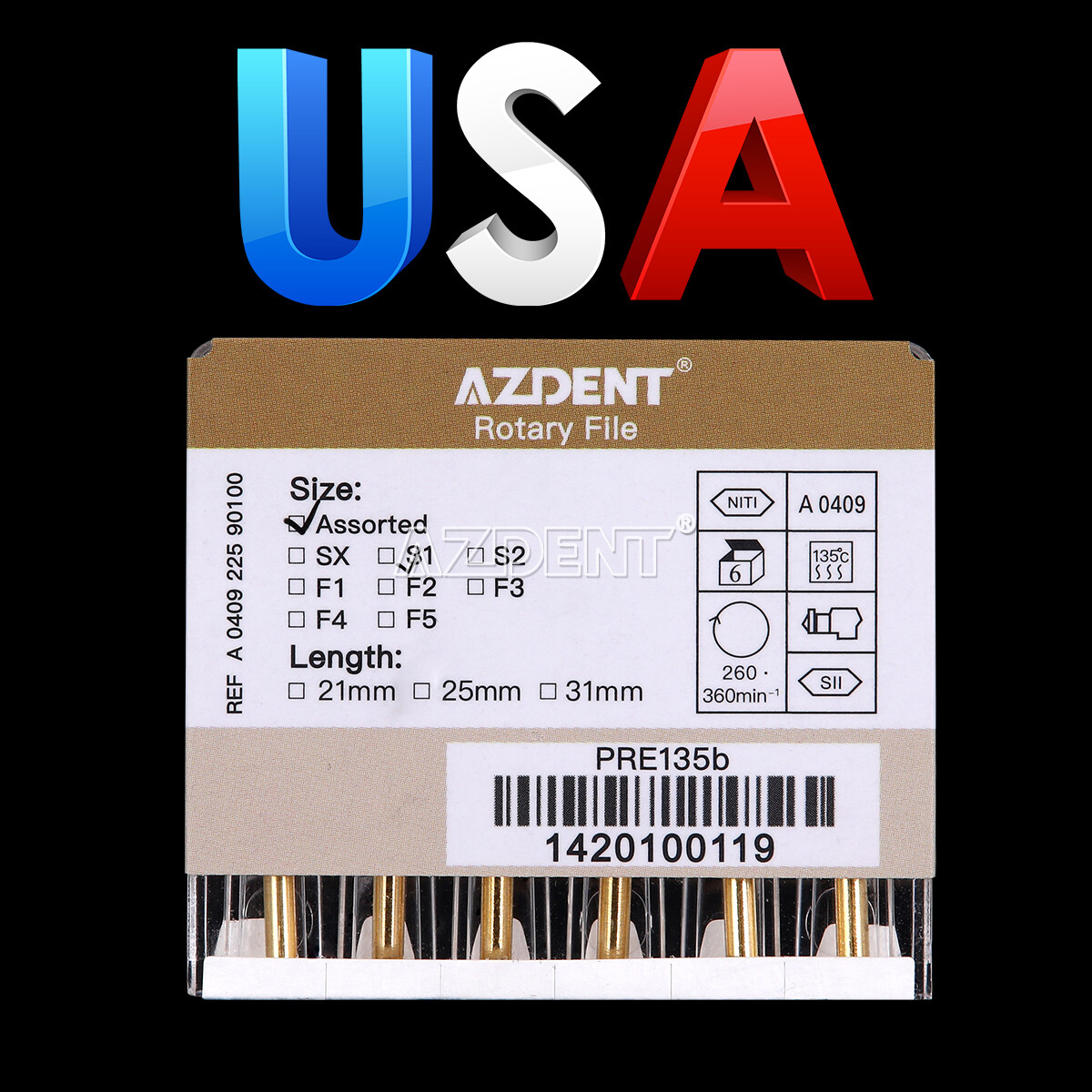 AZDENT Dental Endodontic Gold Taper NITI Rotary Files Engine Use 25mm 6PCS/Packs