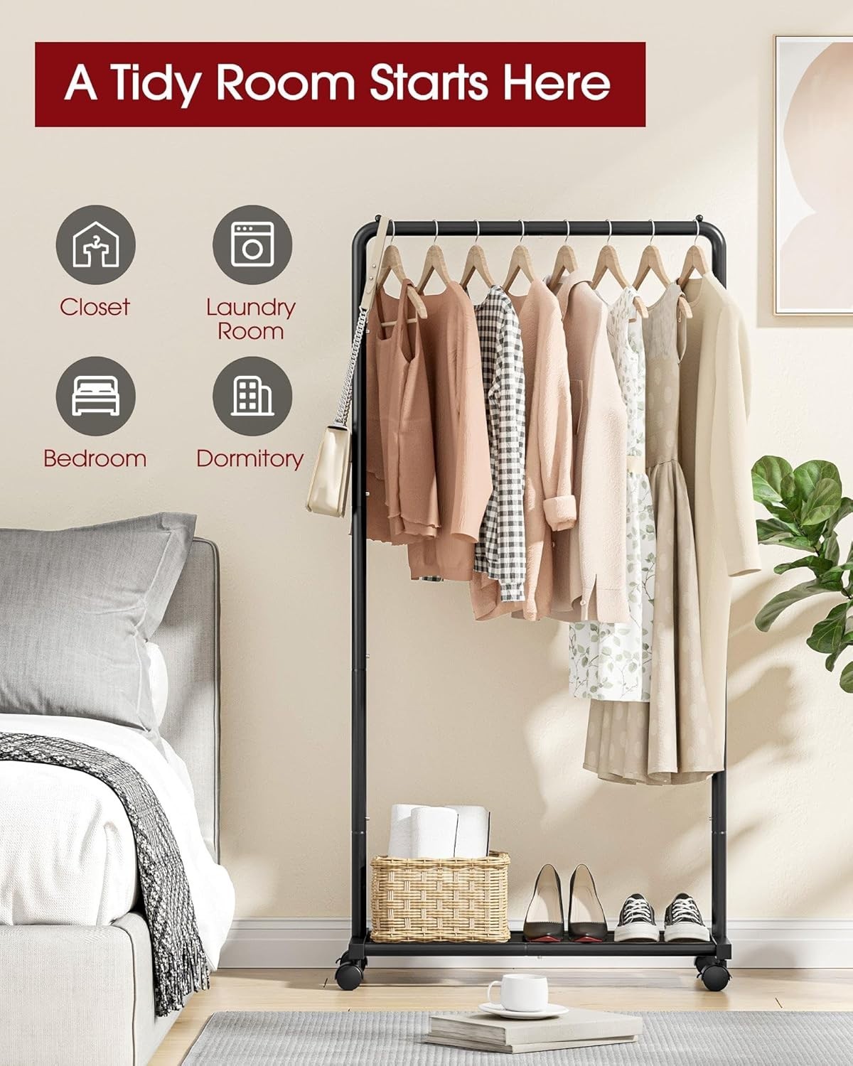 Clothing Clothes Rack on Wheels Heavy Duty Portable Wardrobe Storage