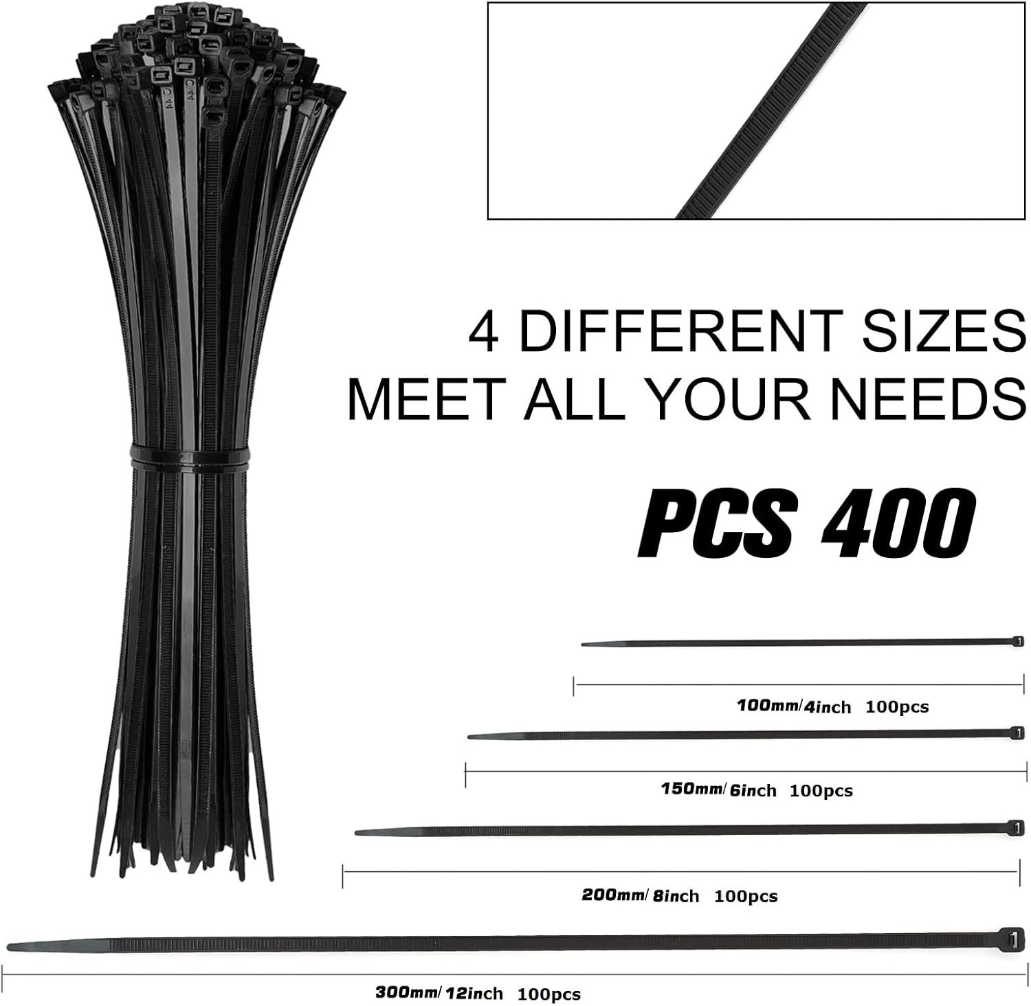 400 Pack Black Zip Ties – Assorted Sizes (4-12 Inch) for Secure Cord Management