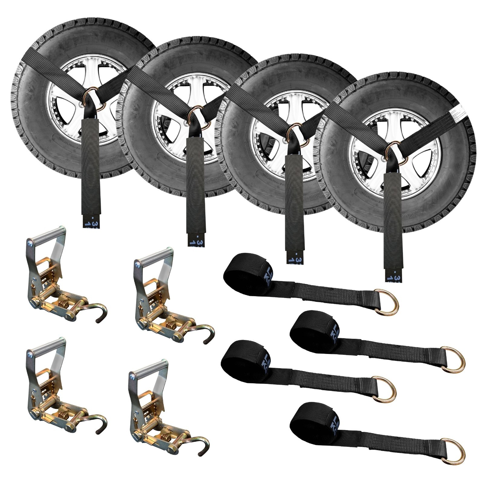 4 Sets 2″ x 10′ Ratchet w/Finger J Hook Wheel Lift Lasso Strap Tow Truck Towing