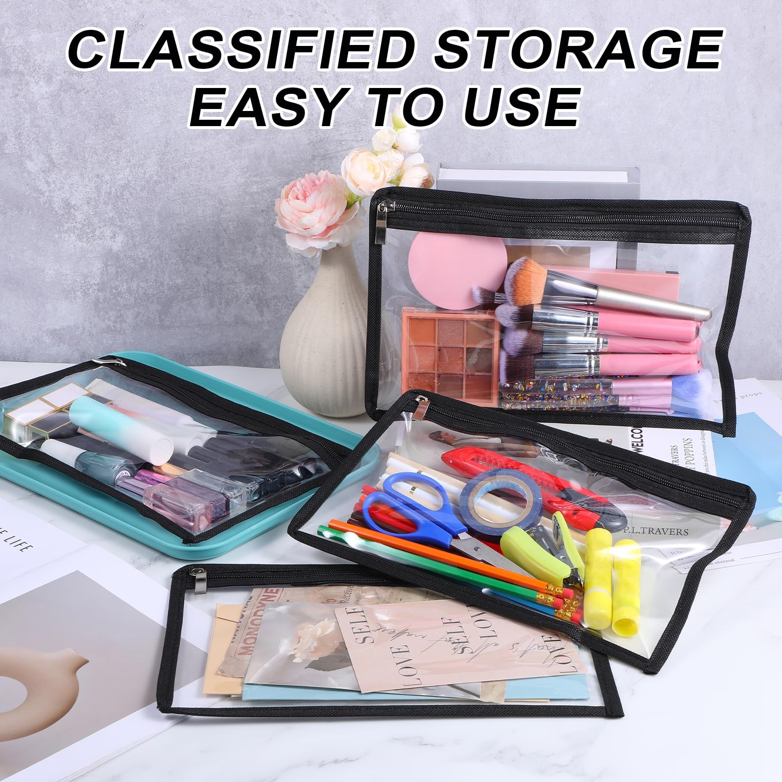 16 Pieces Clear Zipper Pouches Pencil Pouches PVC Makeup Pouch Envelopes Fold…
