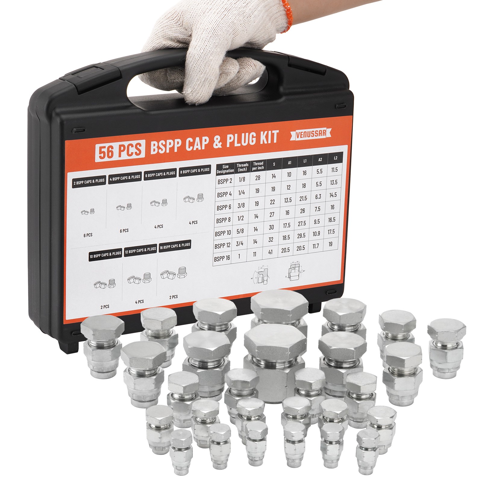 56 PCS BSPP Hydraulic Cap and Plug Kit with Precision Threading Galvanized Steel