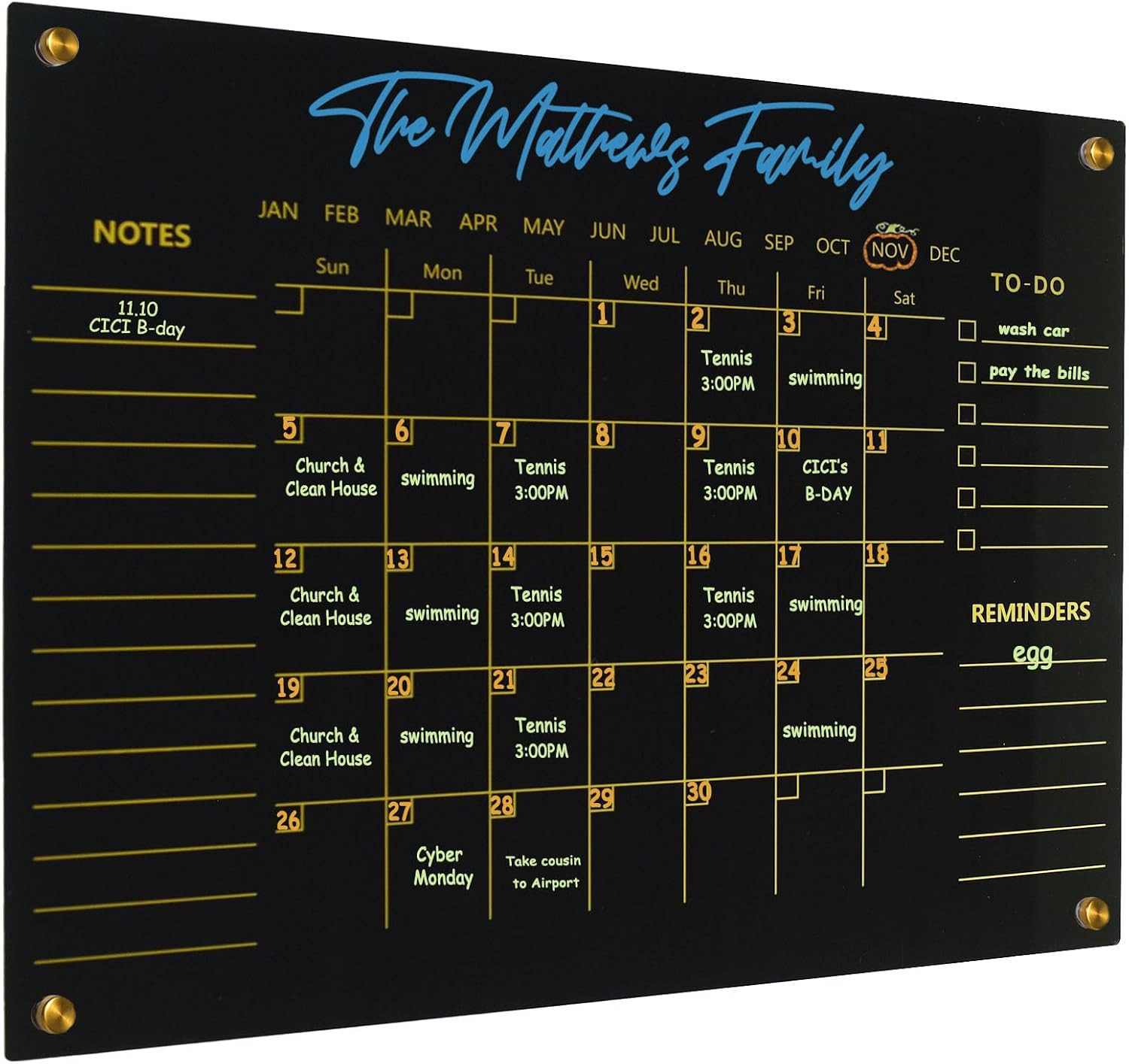 Black Acrylic Calendar Dry Erase for Wall, Family Planner, Monthly Calendar Dry