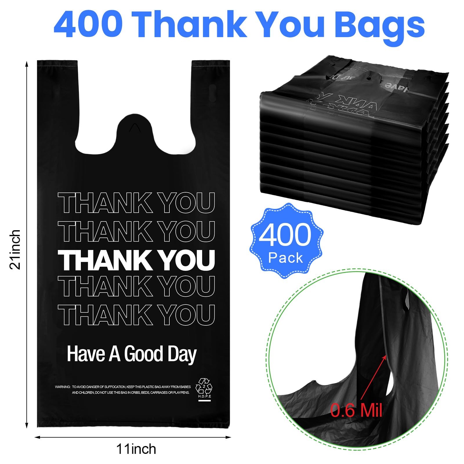 Bolsas de agradecimiento con asa para camisetas, desechables, 11 x 6 x 21 pies