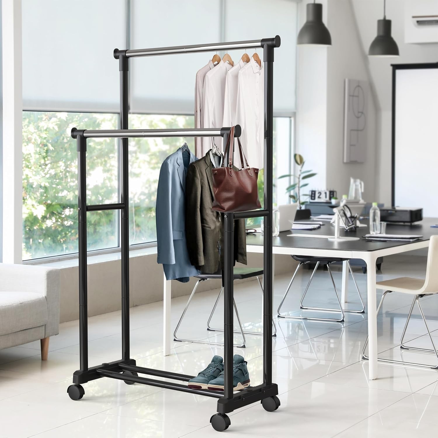 Clothing Garment Rack Double Rod Portable Closet Organizer Steel Black
